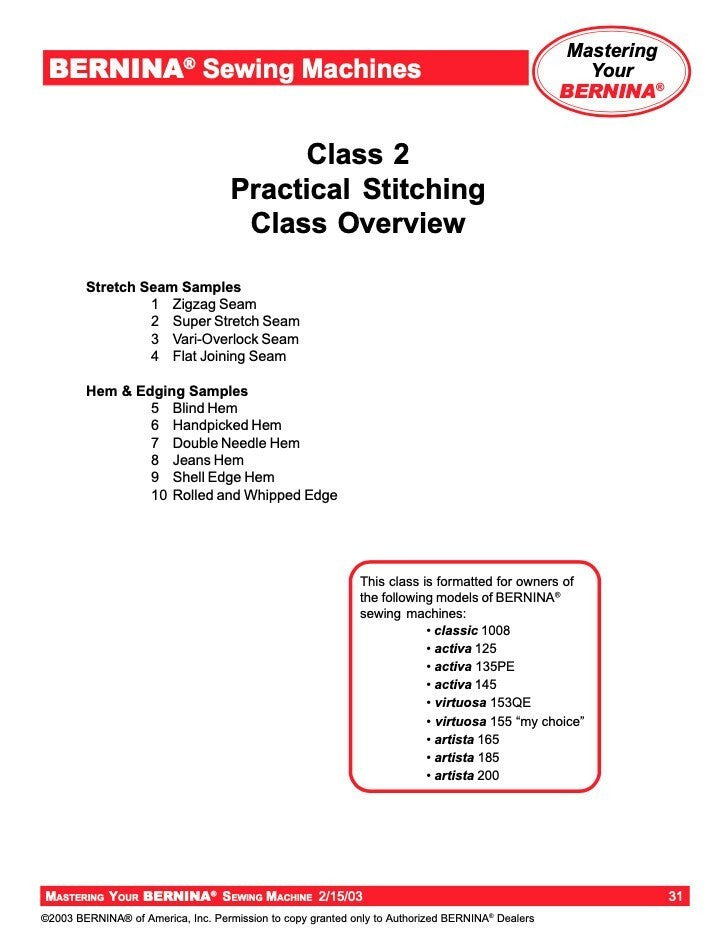 BERNINA Sewing Mastery Workbook Virtuosa Activa Artista 125-145 130-163 165-200