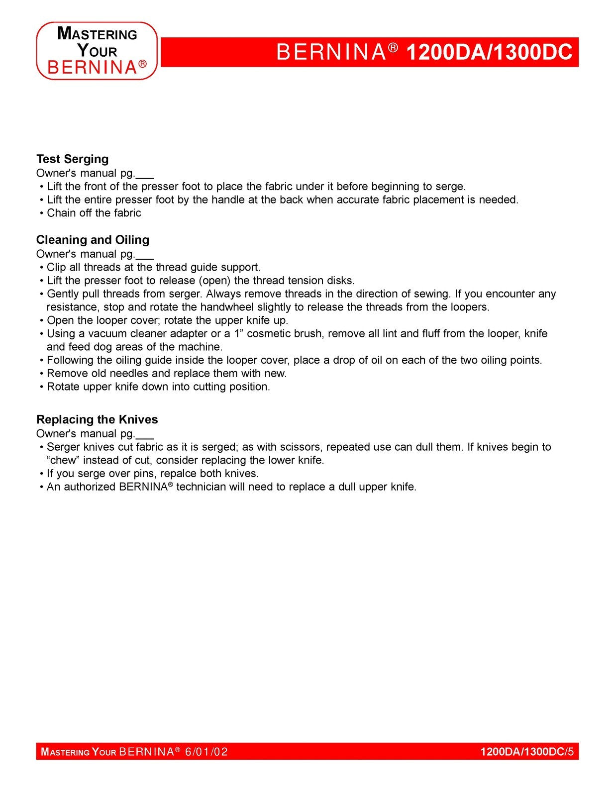 BERNINA 1200DA 1300DC Mastery Owners Workbook -  STEEL WIRE BOUND - TOUGH COVERS