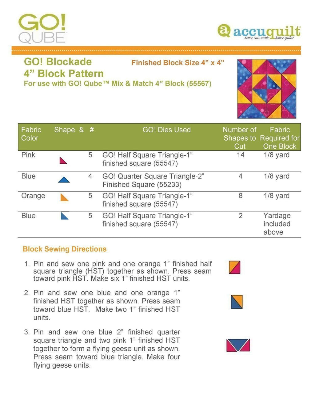 AccuQuilt Go! Qube Manual 4" 3-in-1: BLOCK, CORNERS & ANGLES, 432 PG  Wire Bound