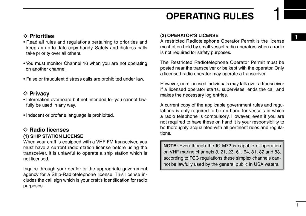 ICOM IC-M72 MARINE TRANSCEIVER INSTRUCTION MANUAL - WIRE BOUND - TOUGH COVERS