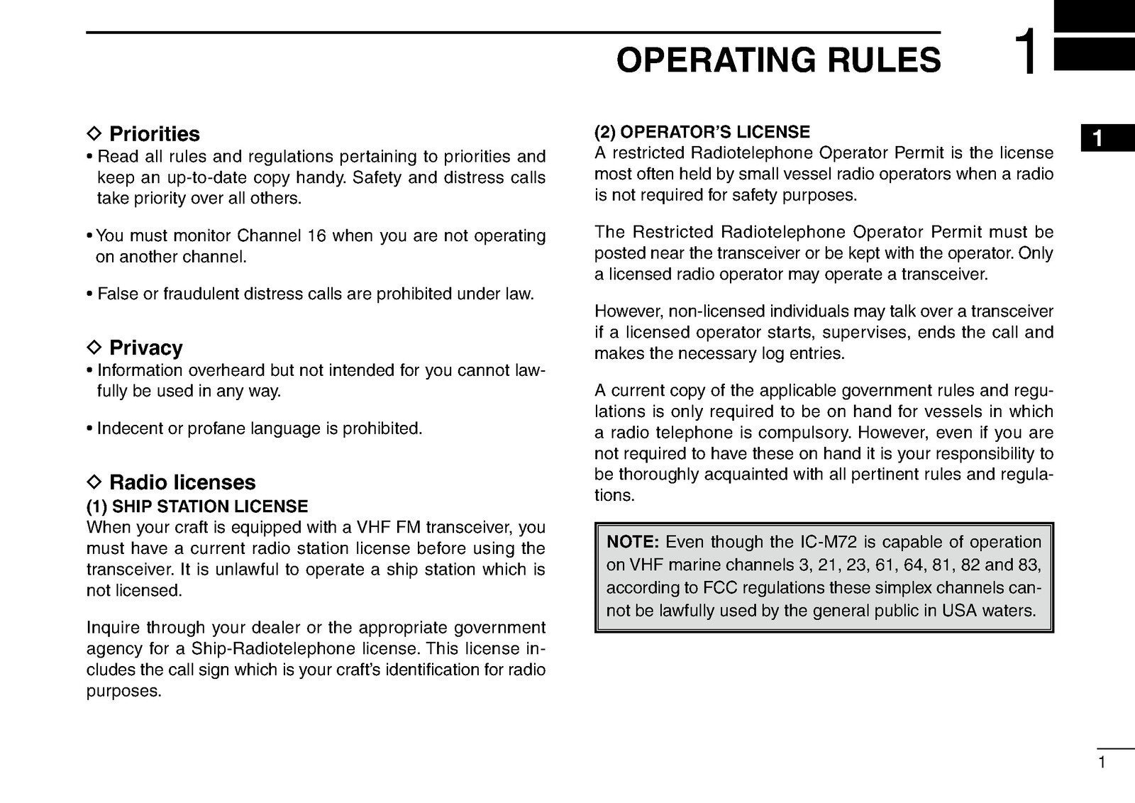 ICOM IC-M72 MARINE TRANSCEIVER INSTRUCTION MANUAL - WIRE BOUND - TOUGH COVERS