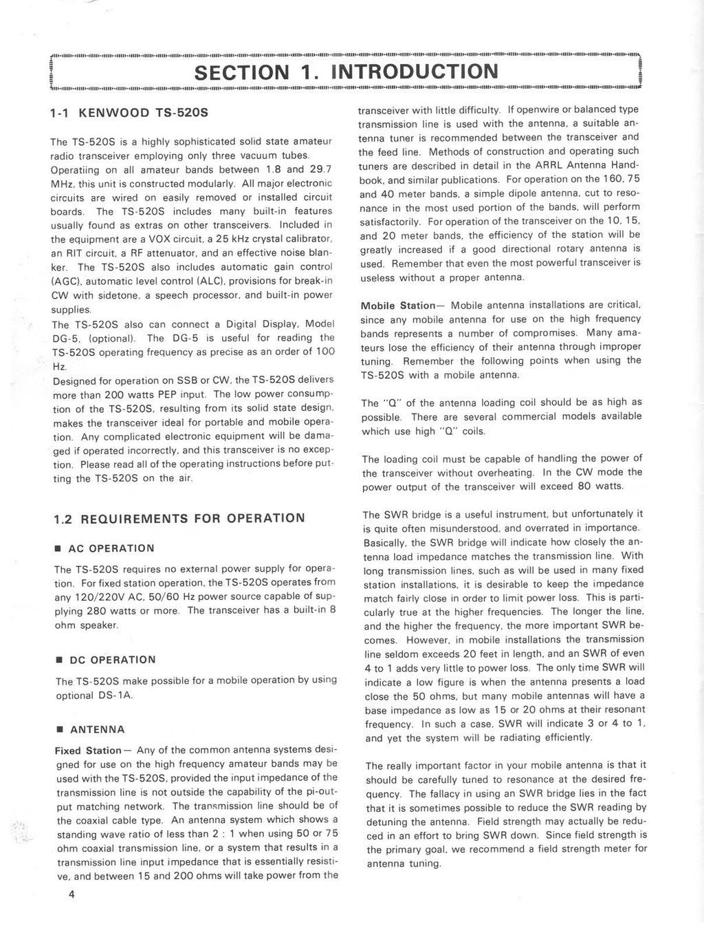 KENWOOD TS-520S TRANCEIVER OPERATING MANUAL - STEEL WIRE BOUND - TOUGH COVERS