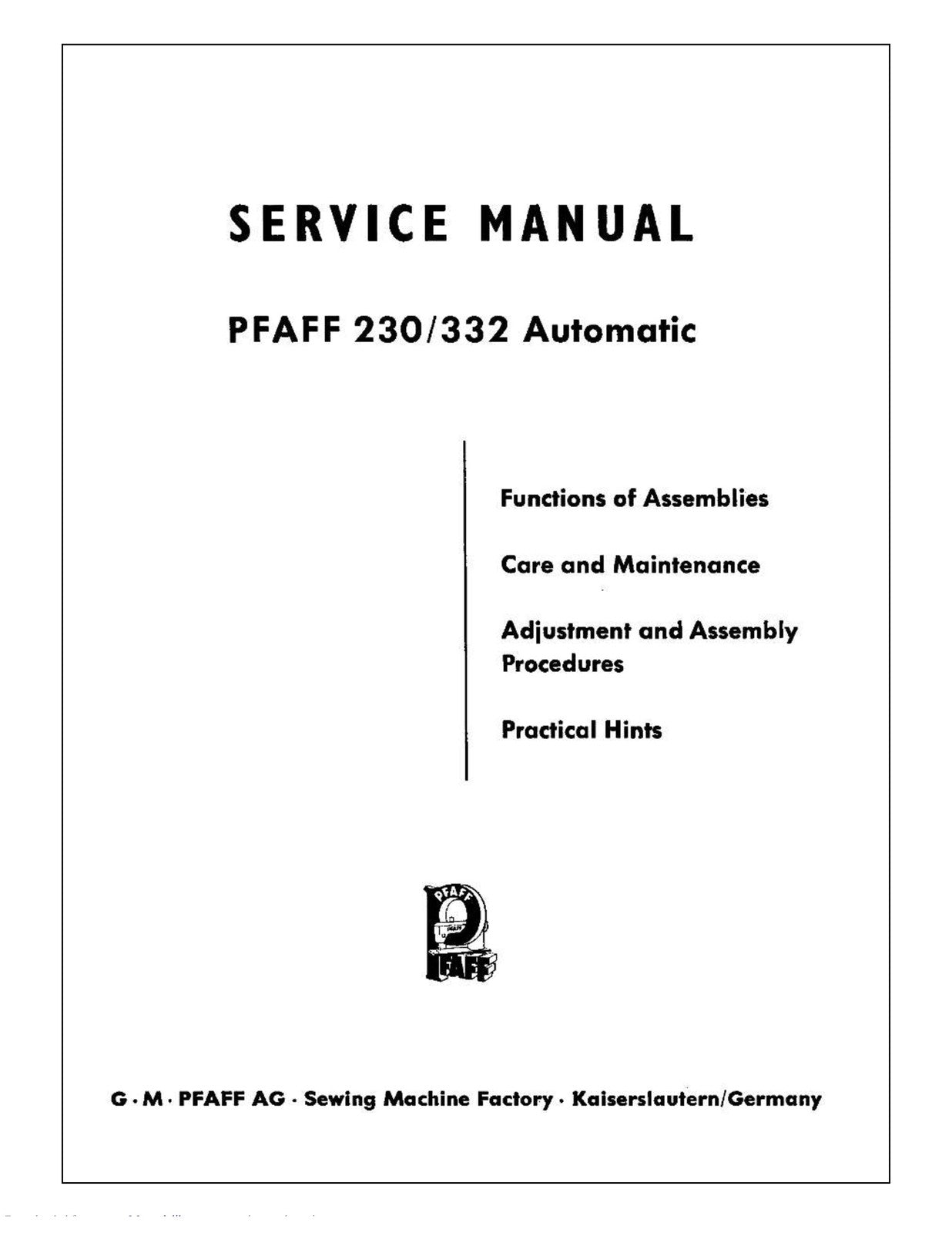 PFAFF 230 332 Sewing Machine Service & Operators Manual BUNDLE - WIRE BOUND