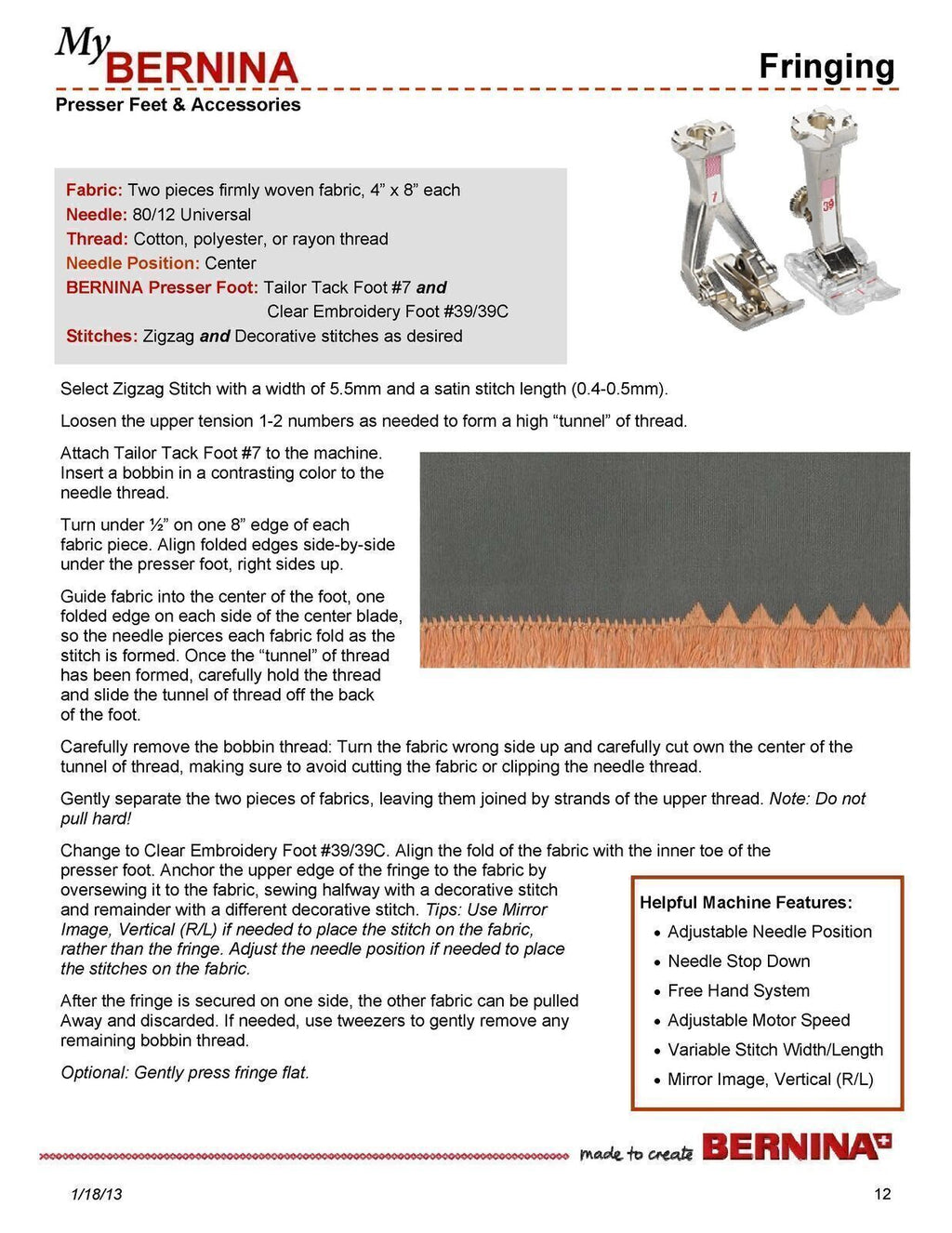 BERNINA Presser Feet & Accessories WORKBOOK The Key to Great Technique Manual