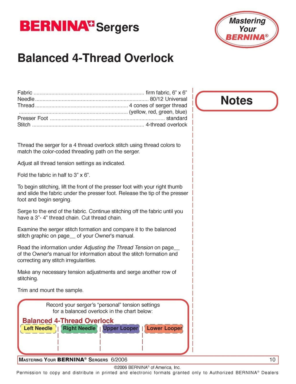 BERNINA MASTERING Your Bernina Serger Owners Workbook - STEEL WIRE BOUND, COVERS