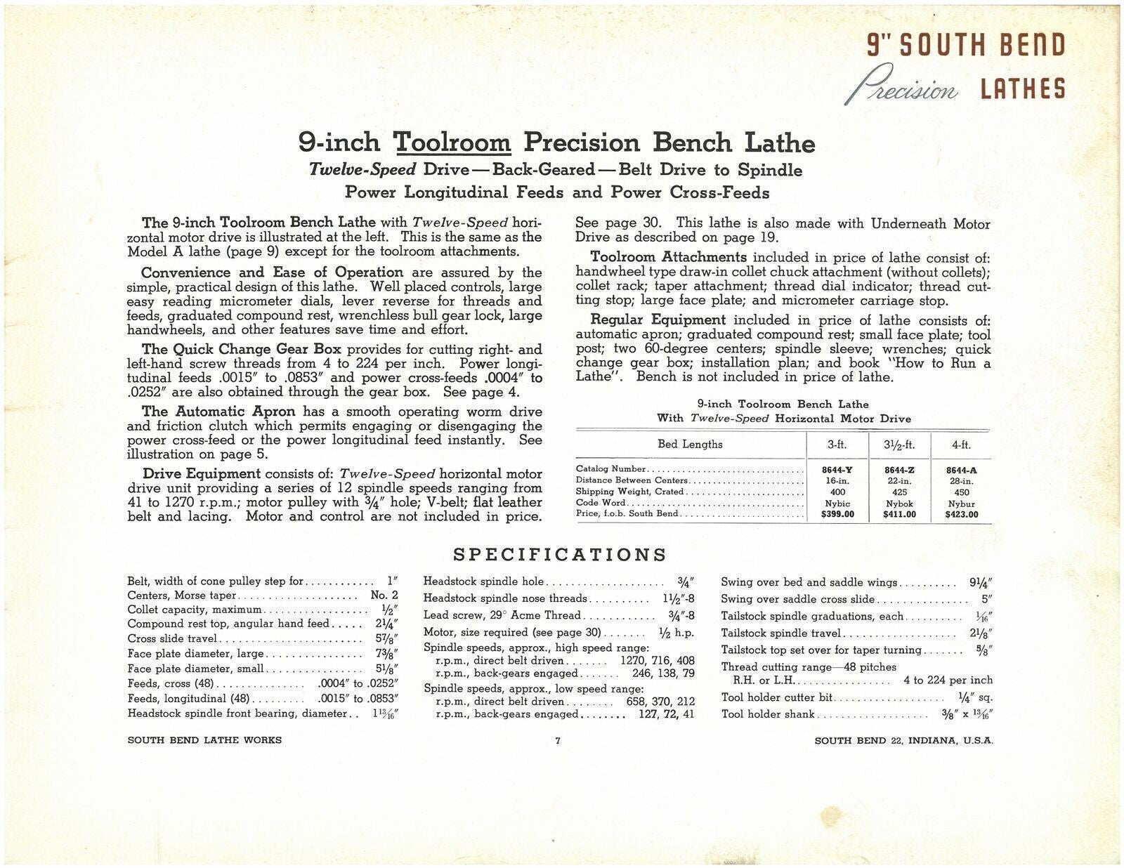 South Bend 9" Precision Lathes Catalog 9-G: REMASTERED FULL COLOR Manual 36 Pgs!