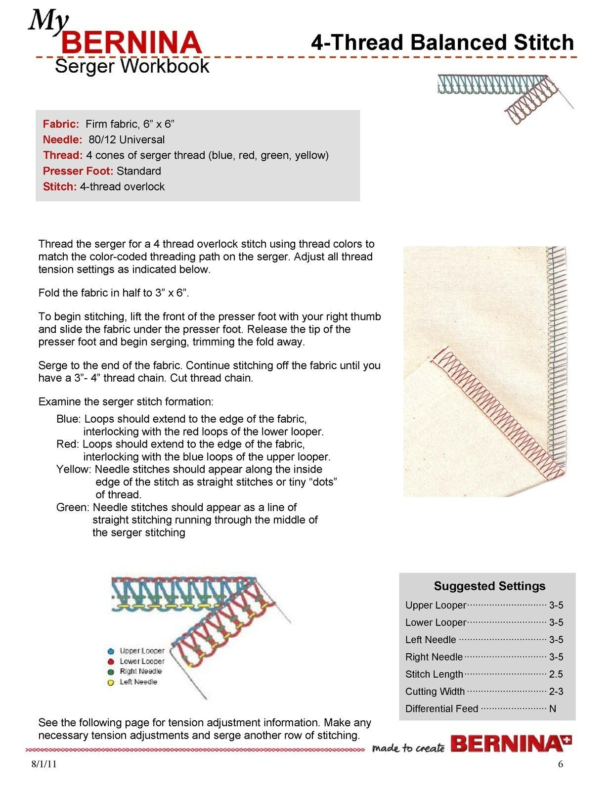 BERNINA Serger Workbook 1 Basic Serger Use - STEEL WIRE BOUND - TOUGH COVERS
