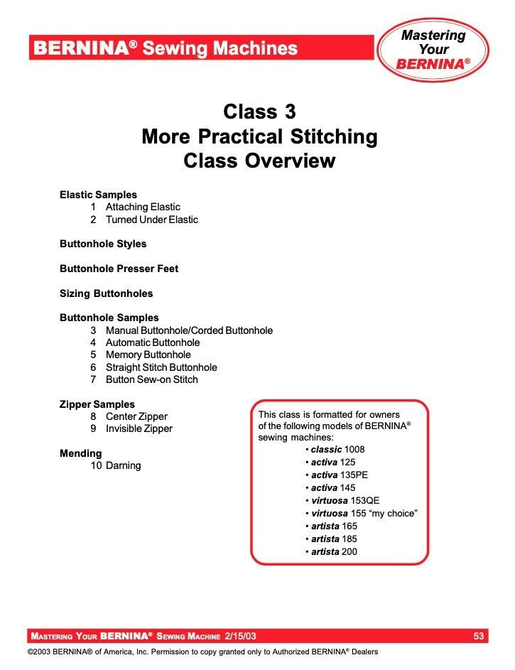 BERNINA Sewing Mastery Workbook Virtuosa Activa Artista 125-145 130-163 165-200