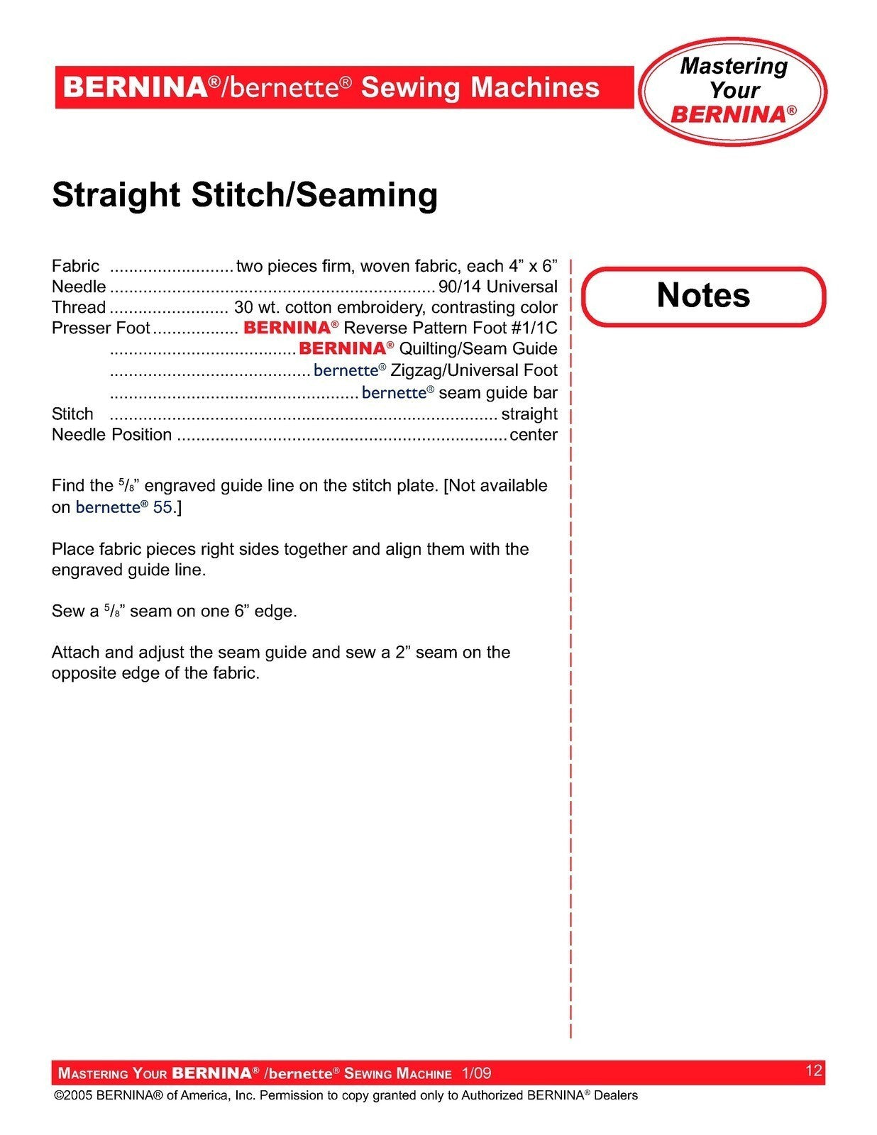 BERNINA Bernette Sewing Maching Mastery Workbook Activa Aurora Artista Series