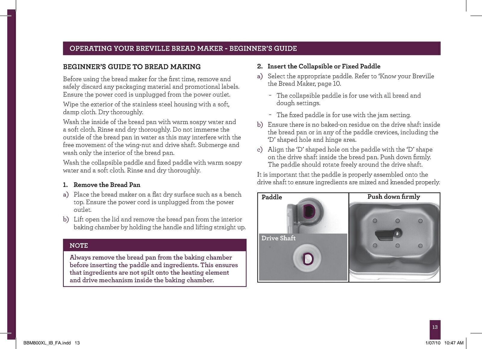 BREVILLE BBM800XL Bread Maker User Manual Operation Guide + Recipes (WIRE BOUND)