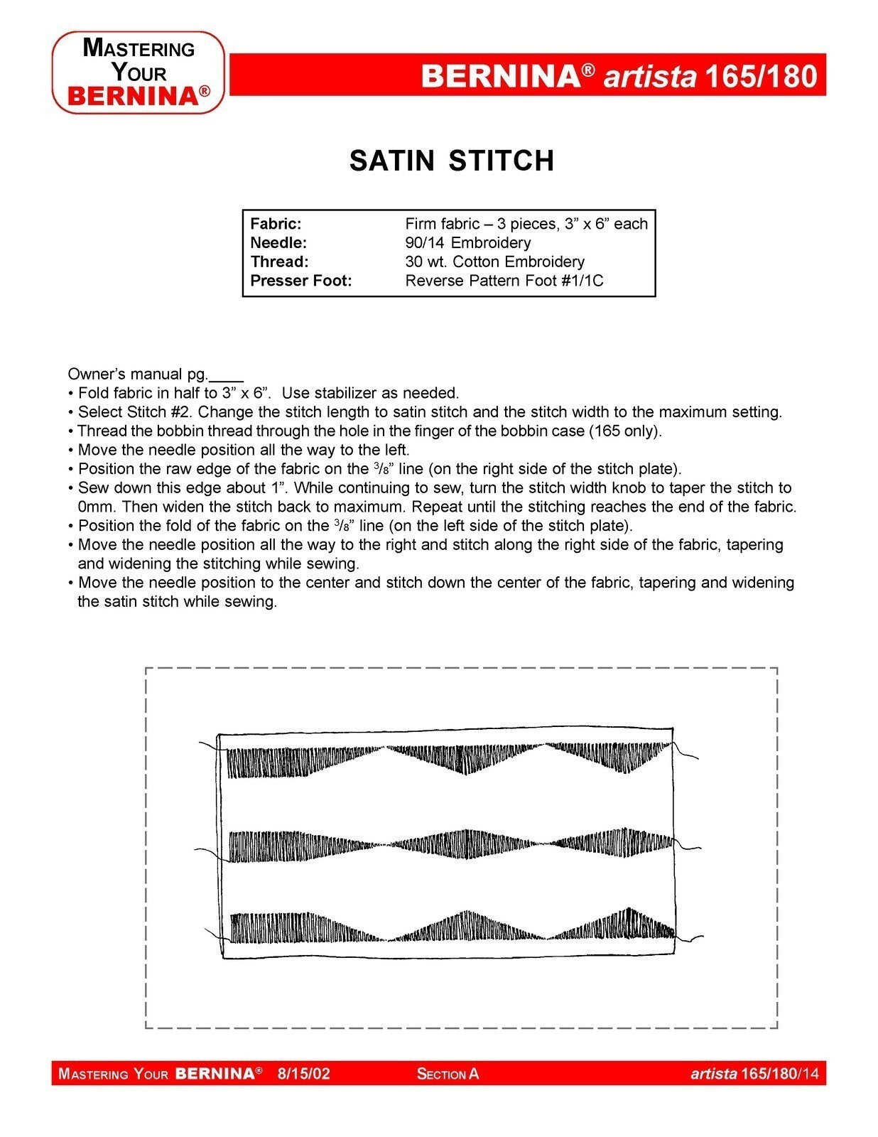 BERNINA Artista 165 180 Mastery Owners Workbook - WIRE BOUND - PROTECTIVE COVERS