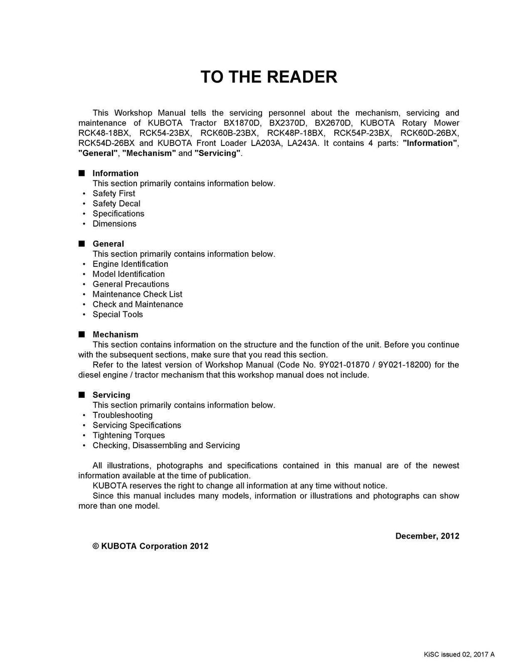 KUBOTA BX1870 BX2370 BX2670 TRACTOR MOWER LOADER WORKSHOP MANUAL BOUND, FOLDOUTS