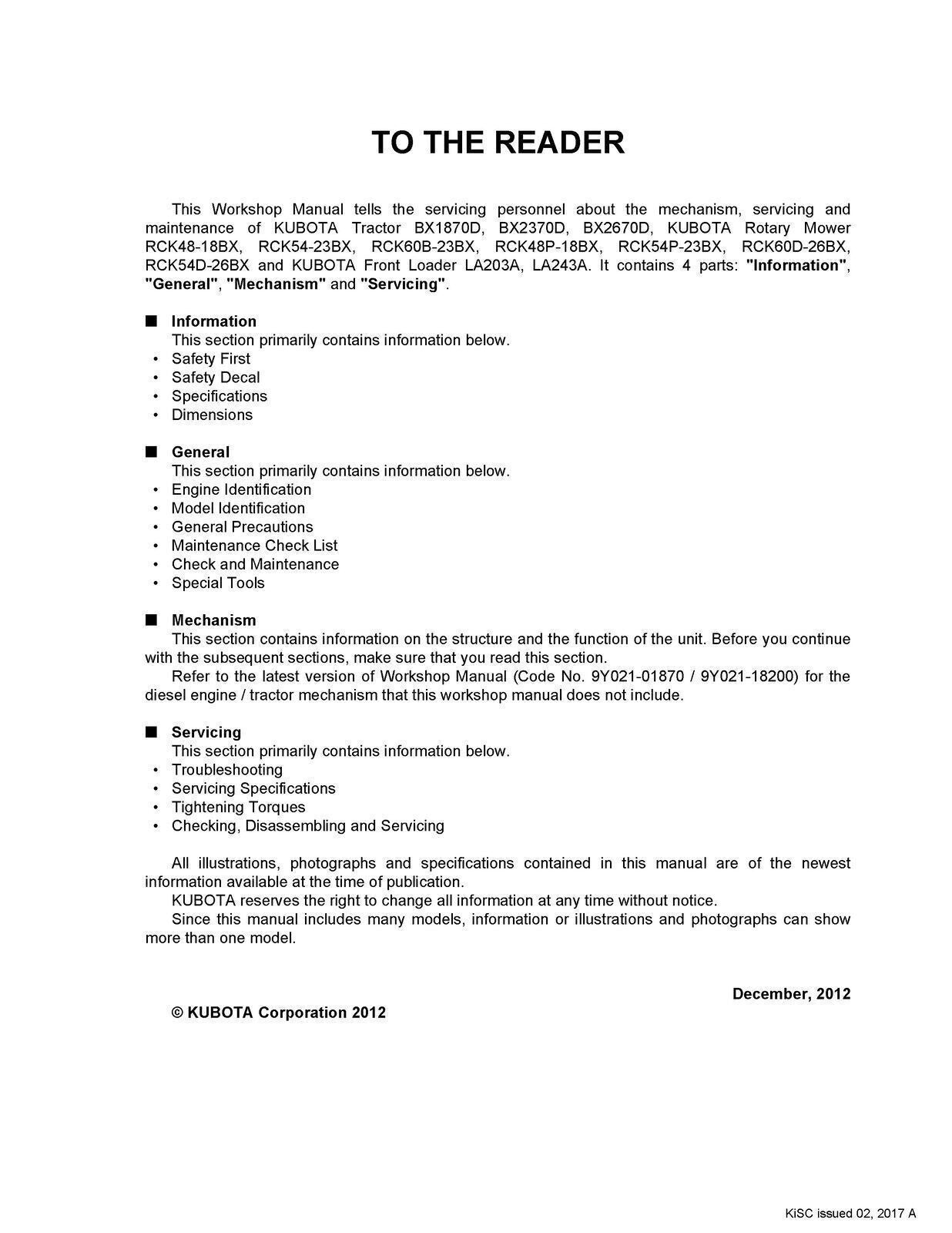 KUBOTA BX1870 BX2370 BX2670 TRACTOR MOWER LOADER WORKSHOP MANUAL BOUND, FOLDOUTS