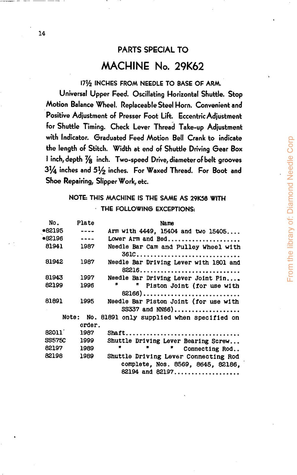 SINGER 29K58 29K60 29K62 Illustrated Parts List Manual 1934 - WIRE BOUND