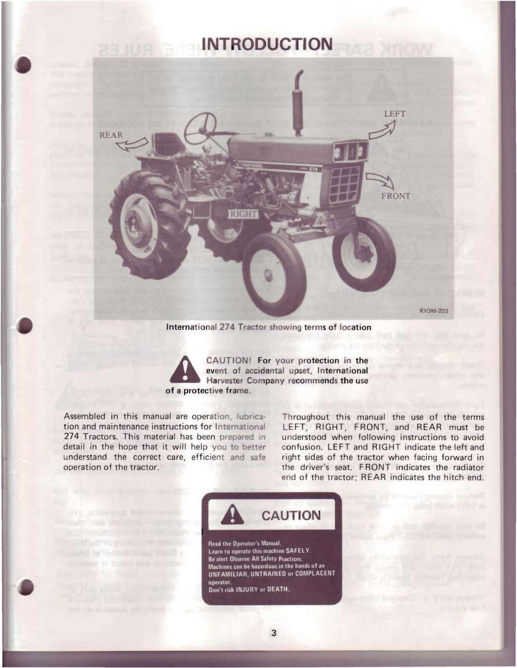 INTERNATIONAL 274 TRACTOR OPERATORS MANUAL - WIRE BOUND - PROTECTIVE COVERS