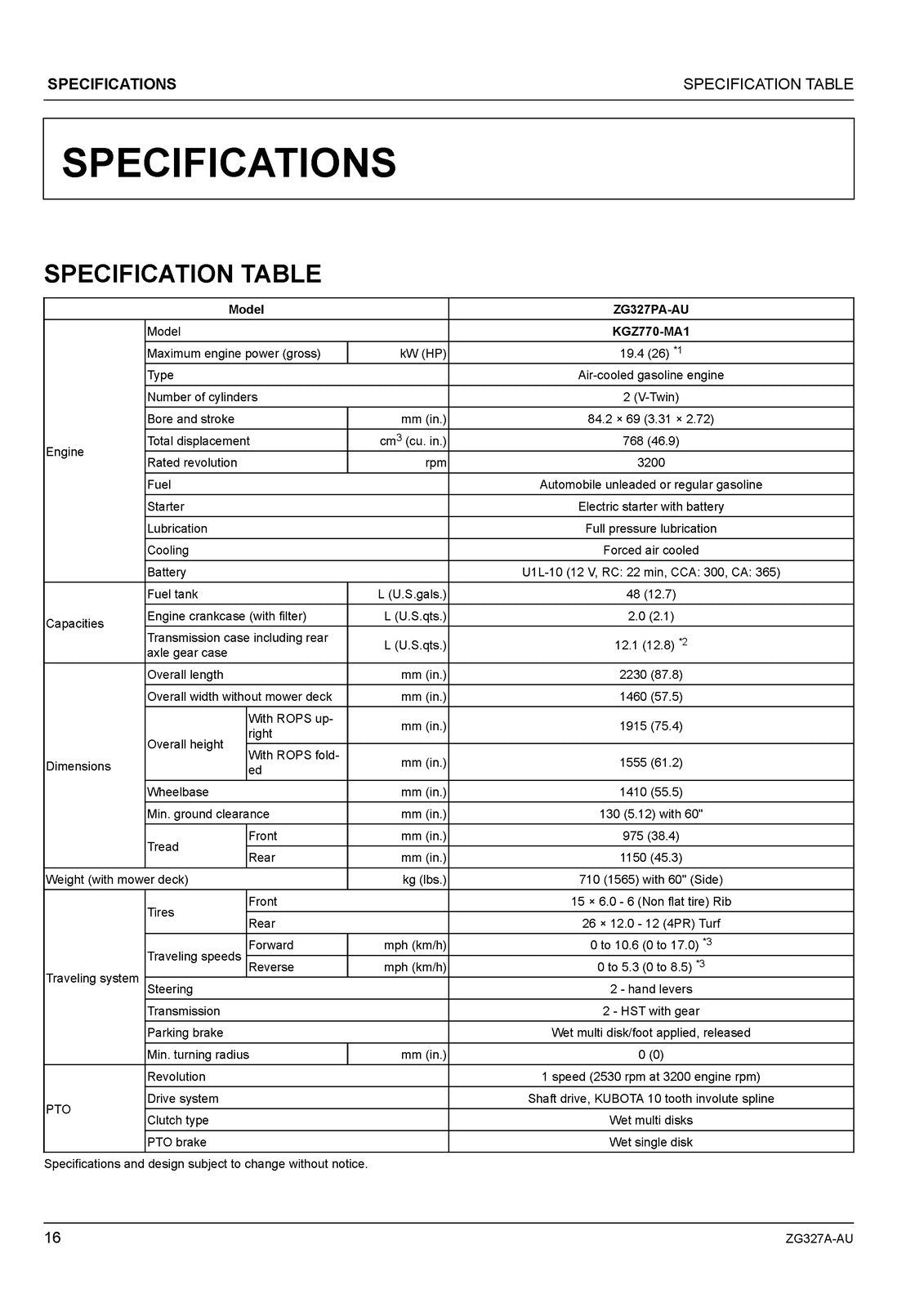 KUBOTA ZG327A-AU ZERO TURN MOWER OPERATORS MANUAL- WIRE BOUND - TOUGH COVERS