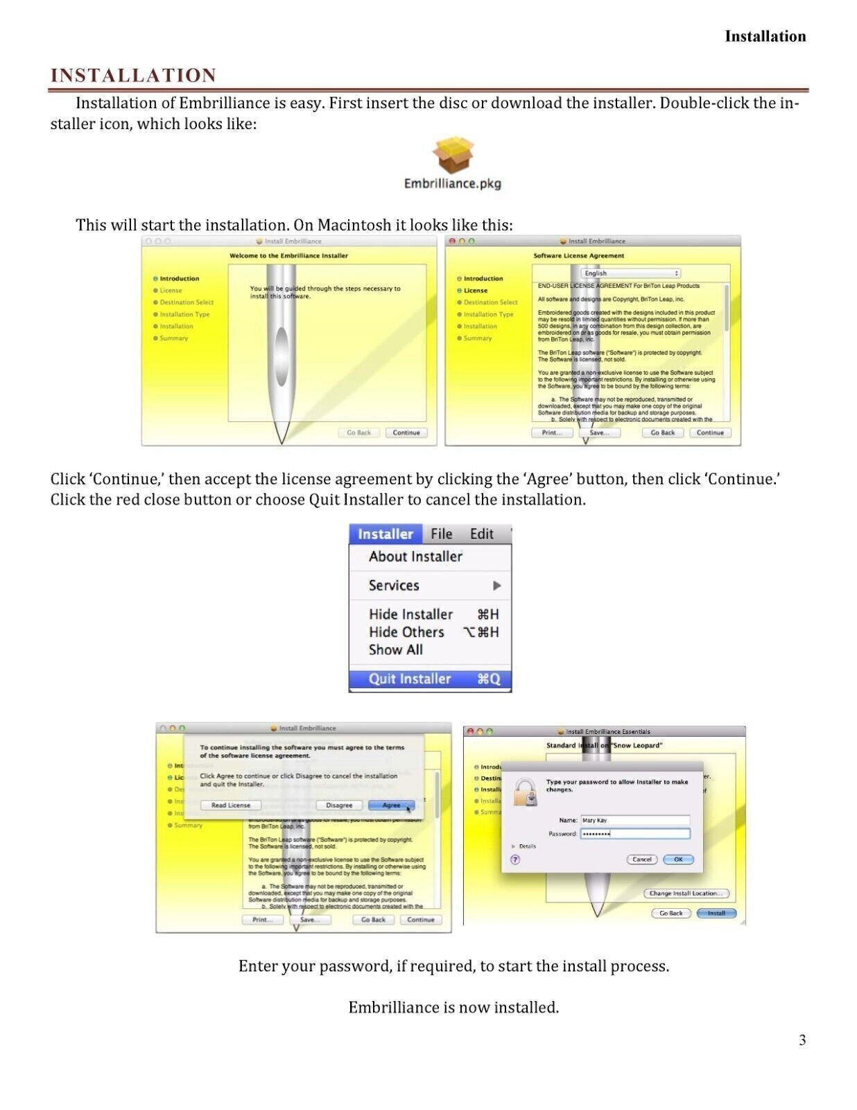 Embrilliance Essentials User Guide for Mac Macintosh Instructions Manual COLOR
