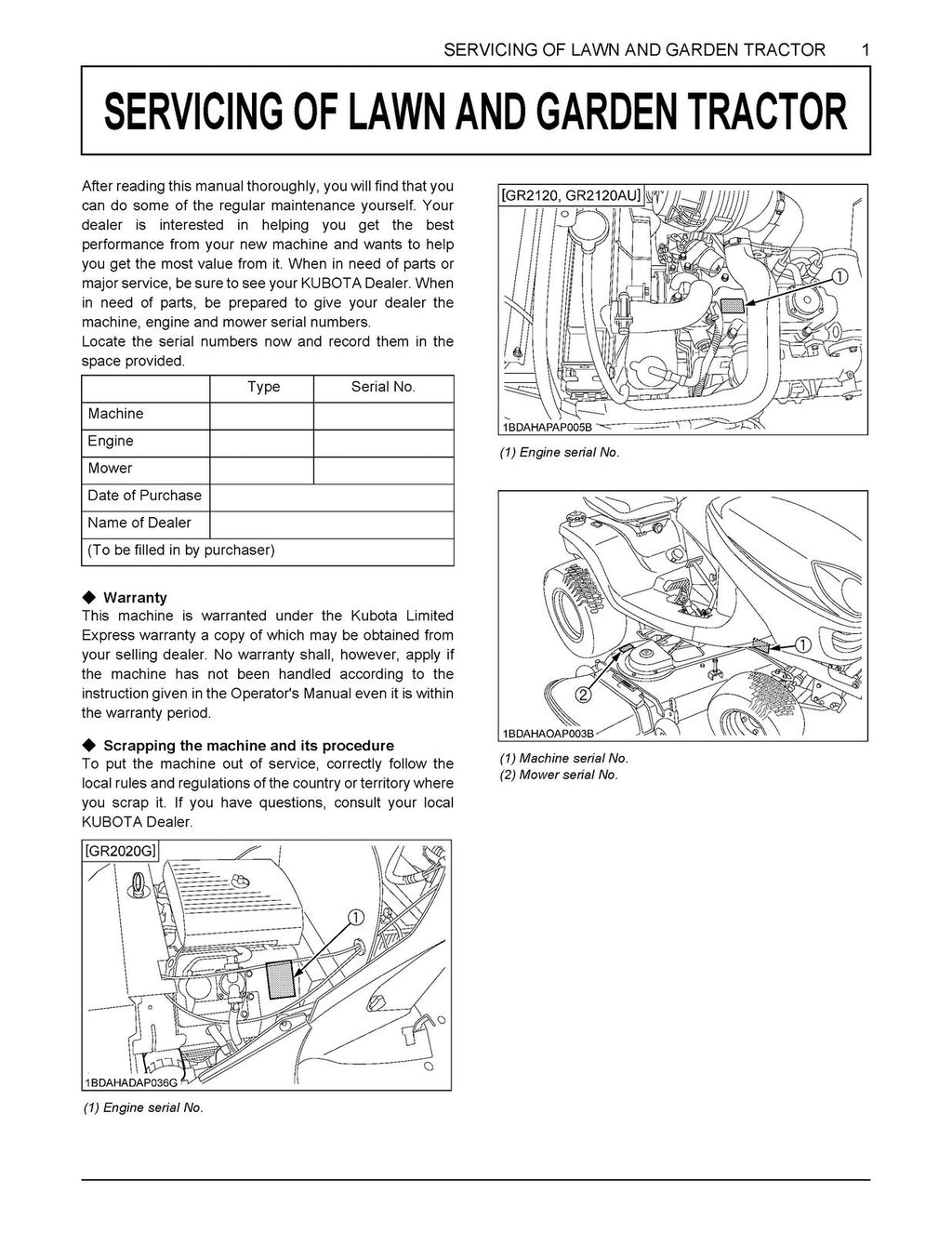 KUBOTA GR2020G GR2120 GR2120AU Lawn Ride on Mower Operators Manual - WIRE BOUND