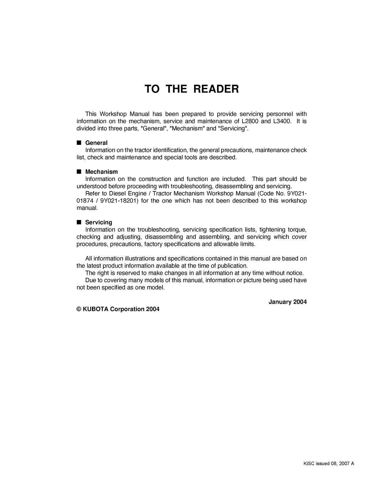 KUBOTA L2800 L3400 WORKSHOP MANUAL TRACTOR - WIRE BOUND, COVERS, XL FOLDOUTS