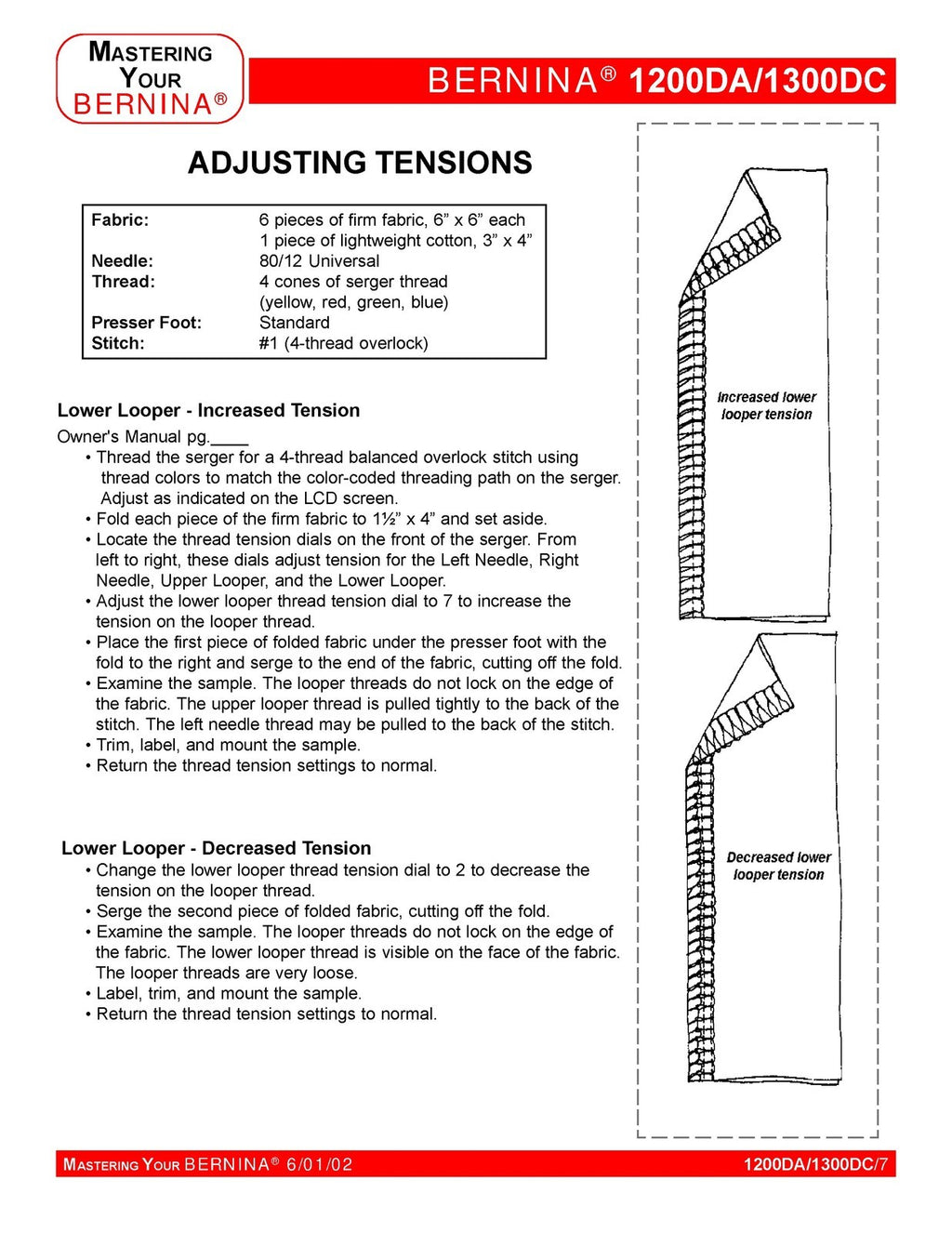 BERNINA 1200DA 1300DC Mastery Owners Workbook -  STEEL WIRE BOUND - TOUGH COVERS