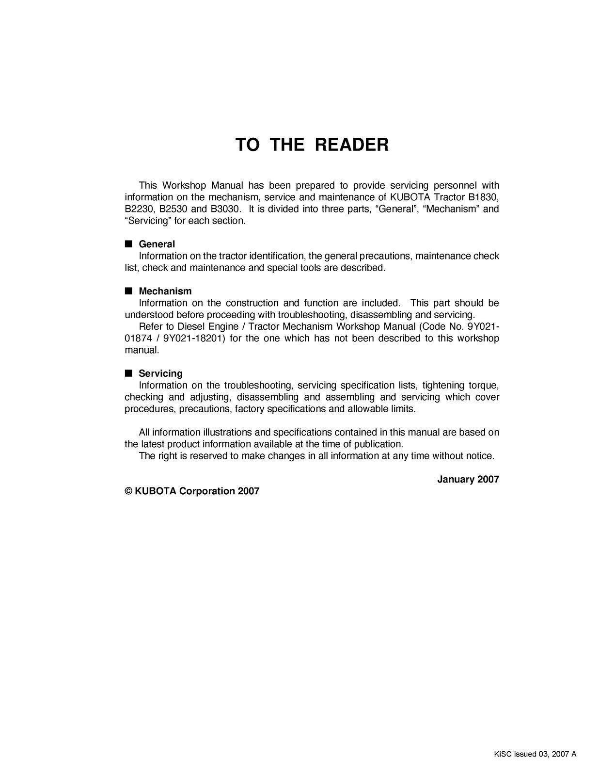 Kubota B1830 B2230 B2530 B3030 WORKSHOP MANUAL, WIRE BOUND, XL FOLDOUT PAGES!