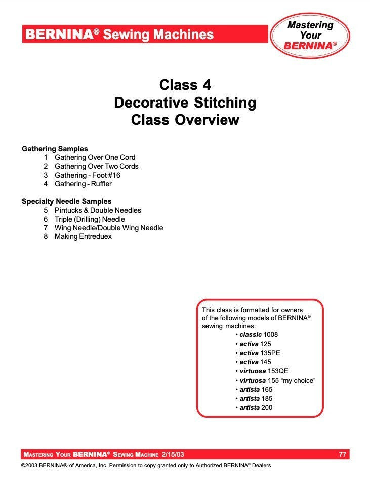 BERNINA Sewing Mastery Workbook Virtuosa Activa Artista 125-145 130-163 165-200