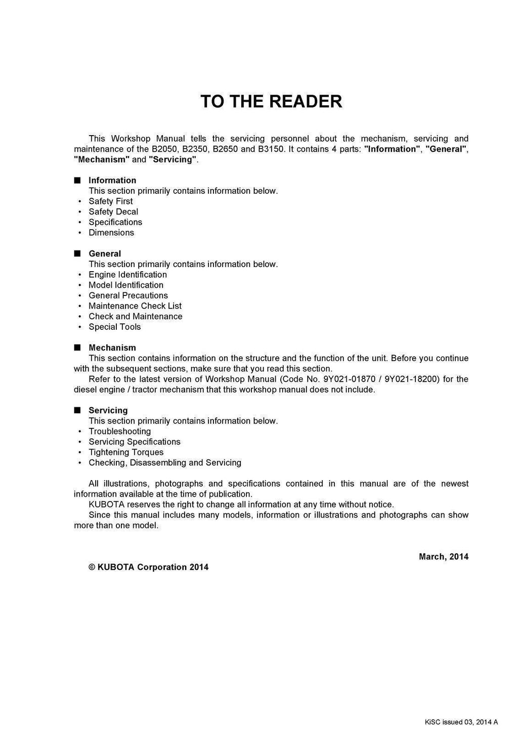 KUBOTA B2050 B2350 B2650 B3150 TRACTOR WORKSHOP MANUAL - WIRE BOUND- XL FOLDOUTS