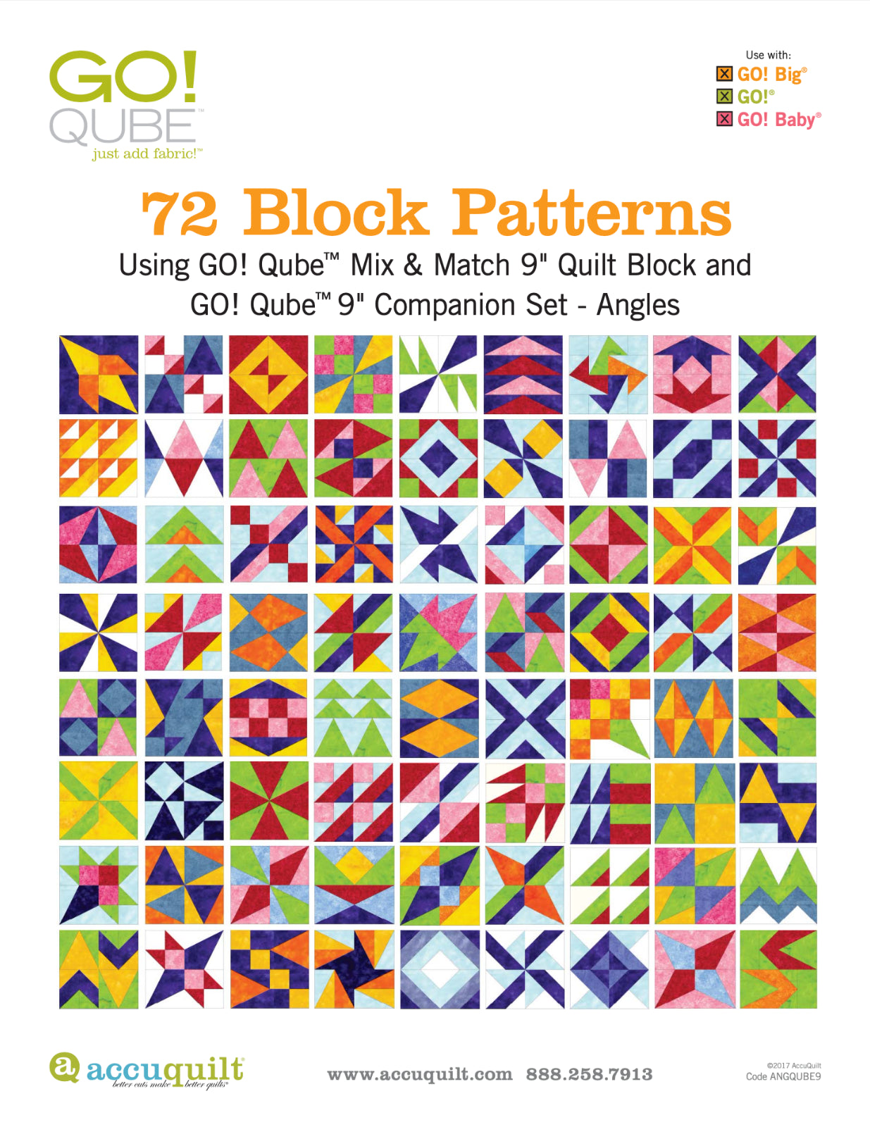 AccuQuilt Go! Qube Manual 9" 3-in-1: BLOCK, CORNERS & ANGLES, 434 PG, Wire Bound