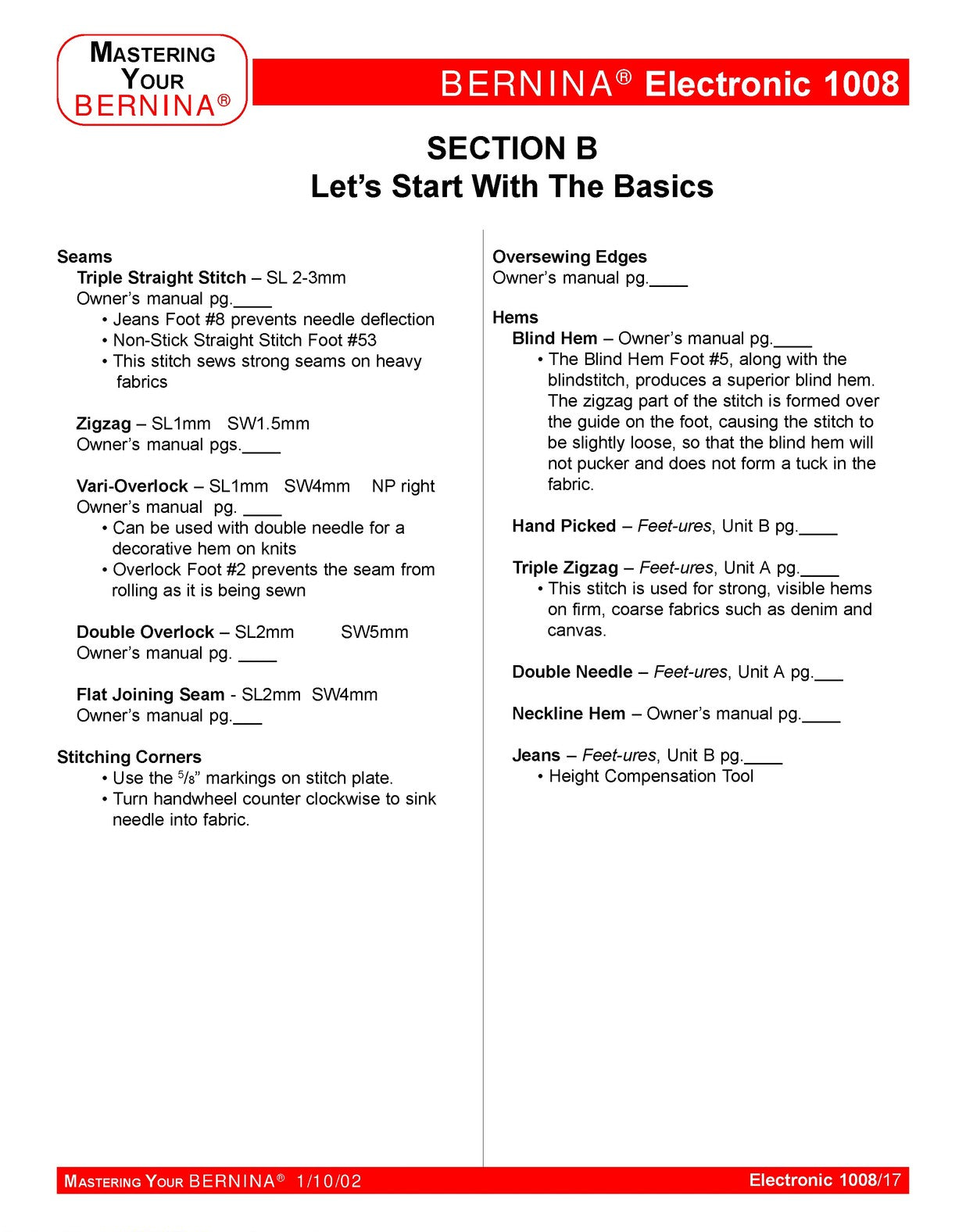 BERNINA 1008 Mastery Owners Workbook Manual - WIRE BOUND - TOUGH COVERS