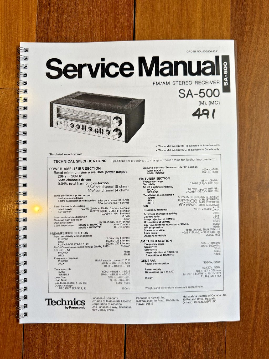 TECHNICS PANASONIC SA-500 Stereo Receiver Service Manual BOUND, COVERS, FOLDOUTS
