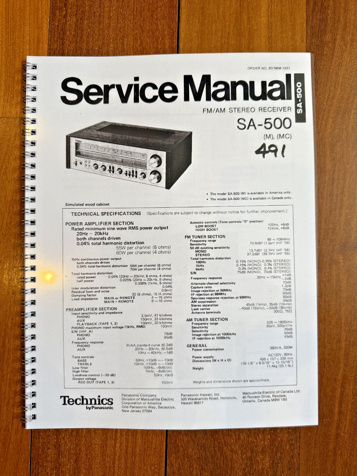 TECHNICS PANASONIC SA-500 Stereo Receiver Service Manual BOUND, COVERS, FOLDOUTS