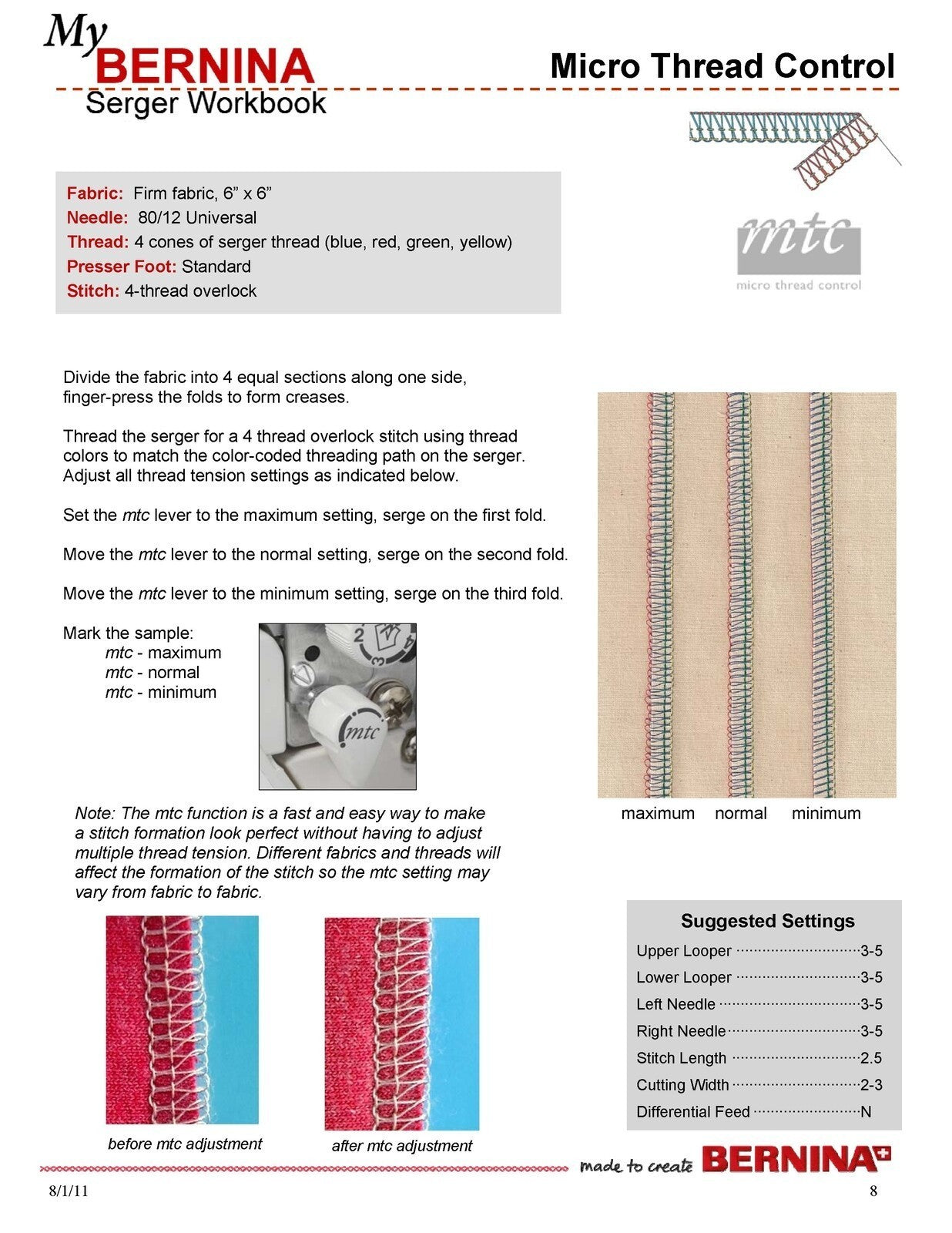 BERNINA Serger Workbook 1 Basic Serger Use - STEEL WIRE BOUND - TOUGH COVERS