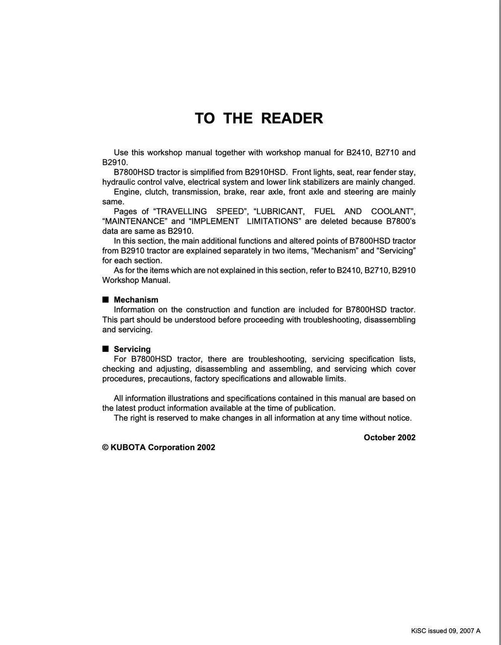 KUBOTA B2410 B2710 B2910 B7800 HSD TRACTOR WORKSHOP MANUAL - STEEL WIRE BOUND