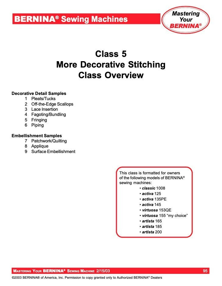 BERNINA Sewing Mastery Workbook Virtuosa Activa Artista 125-145 130-163 165-200