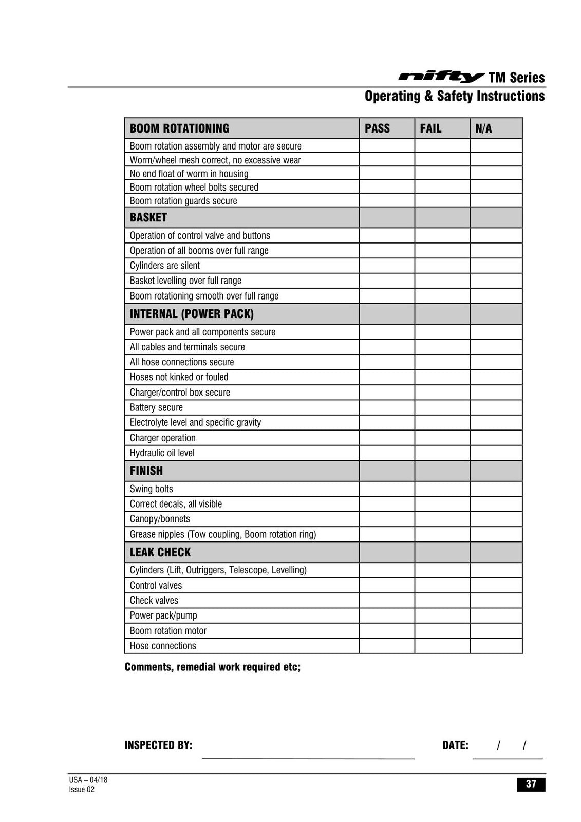 NIFTYLIFT TM42T Operating And Safety Instructions Manual - WIRE BOUND - COVERS
