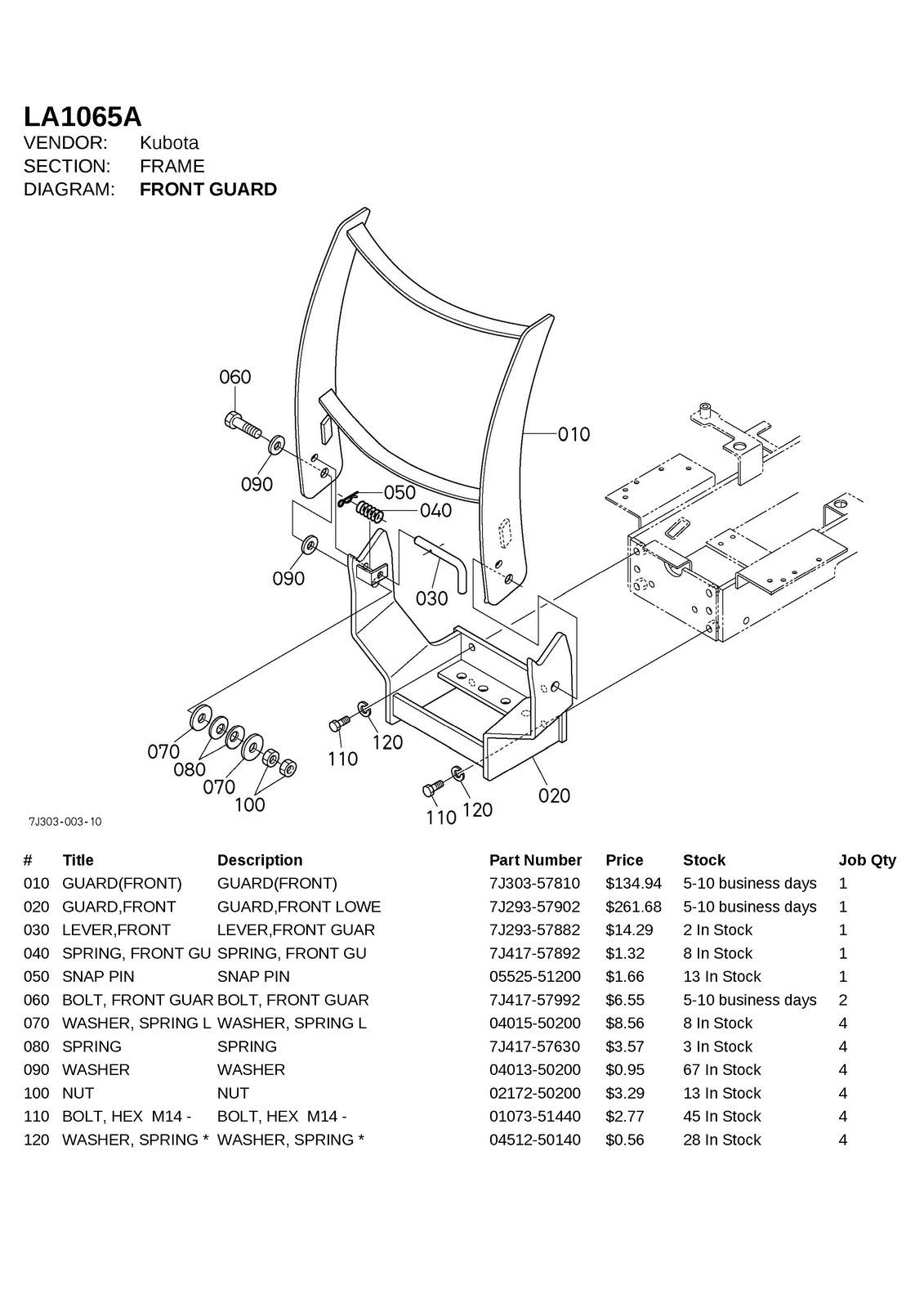 KUBOTA LA1065A FRONT LOADER ILLUSTRATED PARTS LIST MANUAL - WIRE BOUND - COVERS