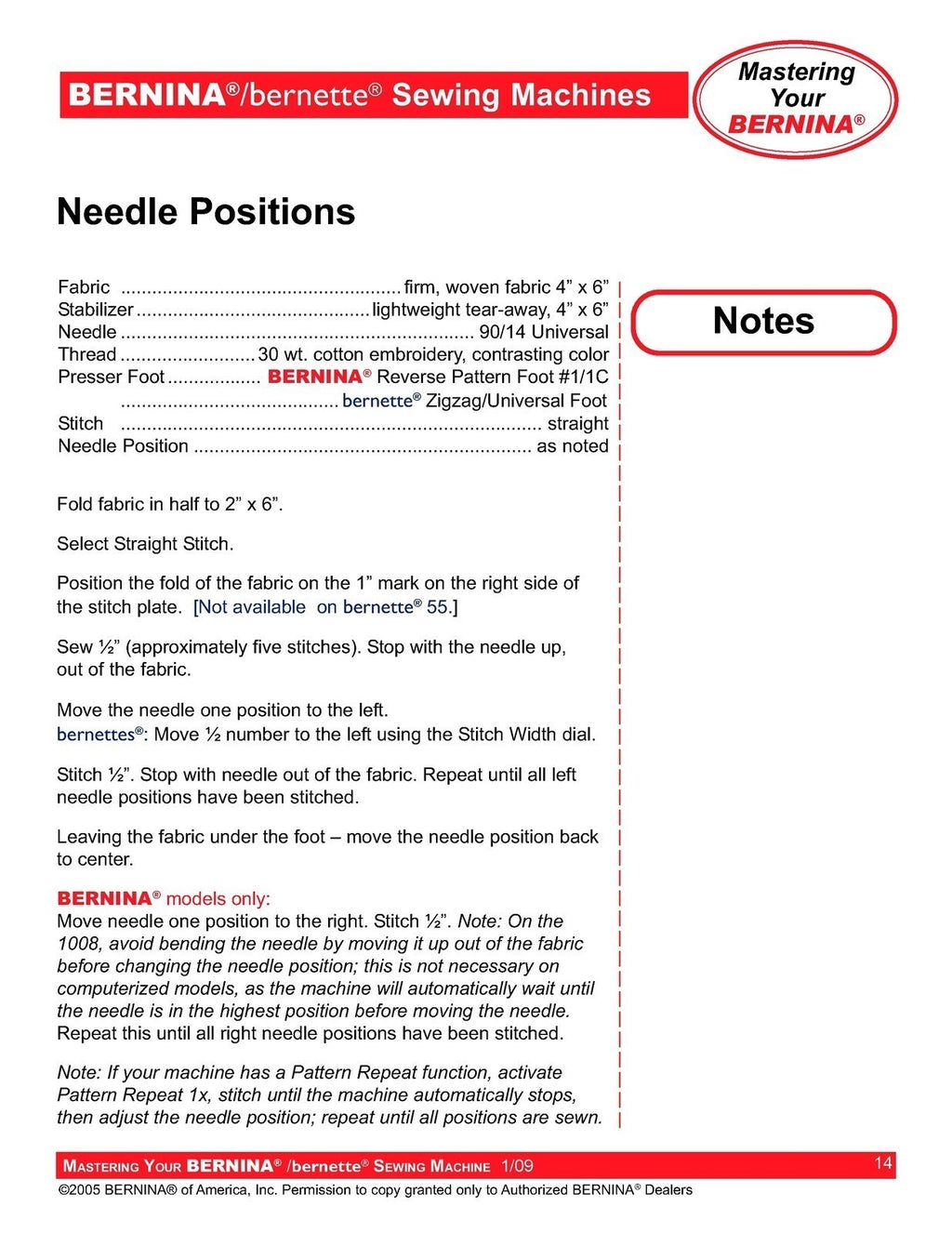 BERNINA Bernette Sewing Maching Mastery Workbook Activa Aurora Artista Series