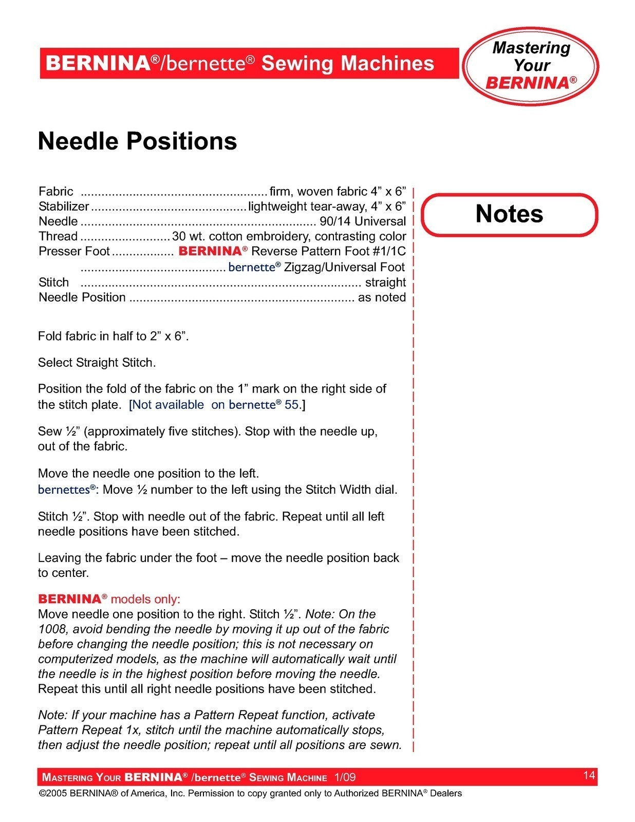 BERNINA Bernette Sewing Maching Mastery Workbook Activa Aurora Artista Series