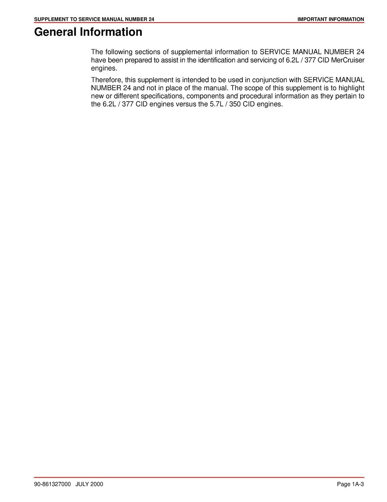 MERCURY MERCRUISER SUPPLEMENT TO NO. 24 SERVICE MANUAL, WIRE BOUND, TOUGH COVERS