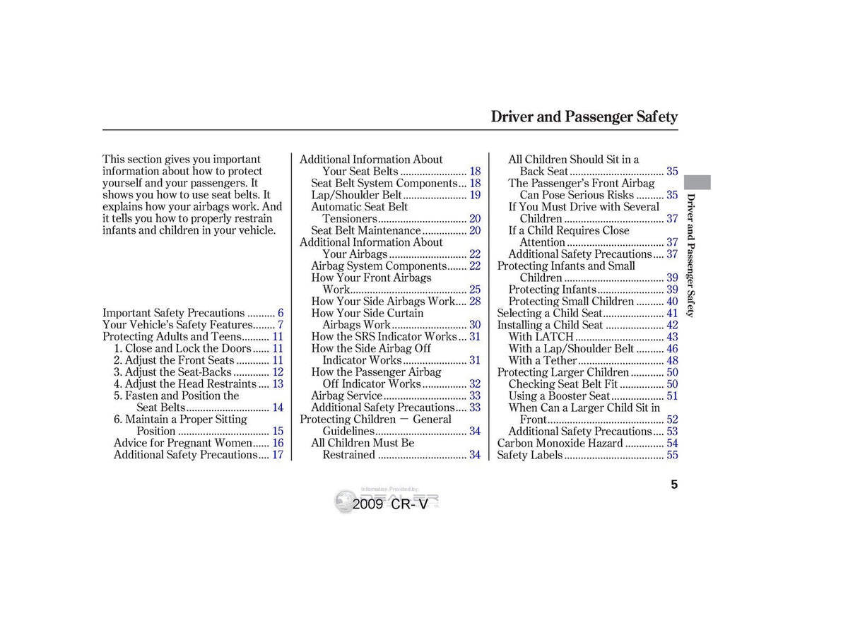 HONDA 2009 CR-V Owners Manual - STEEL WIRE BOUND - PROTECTIVE COVERS