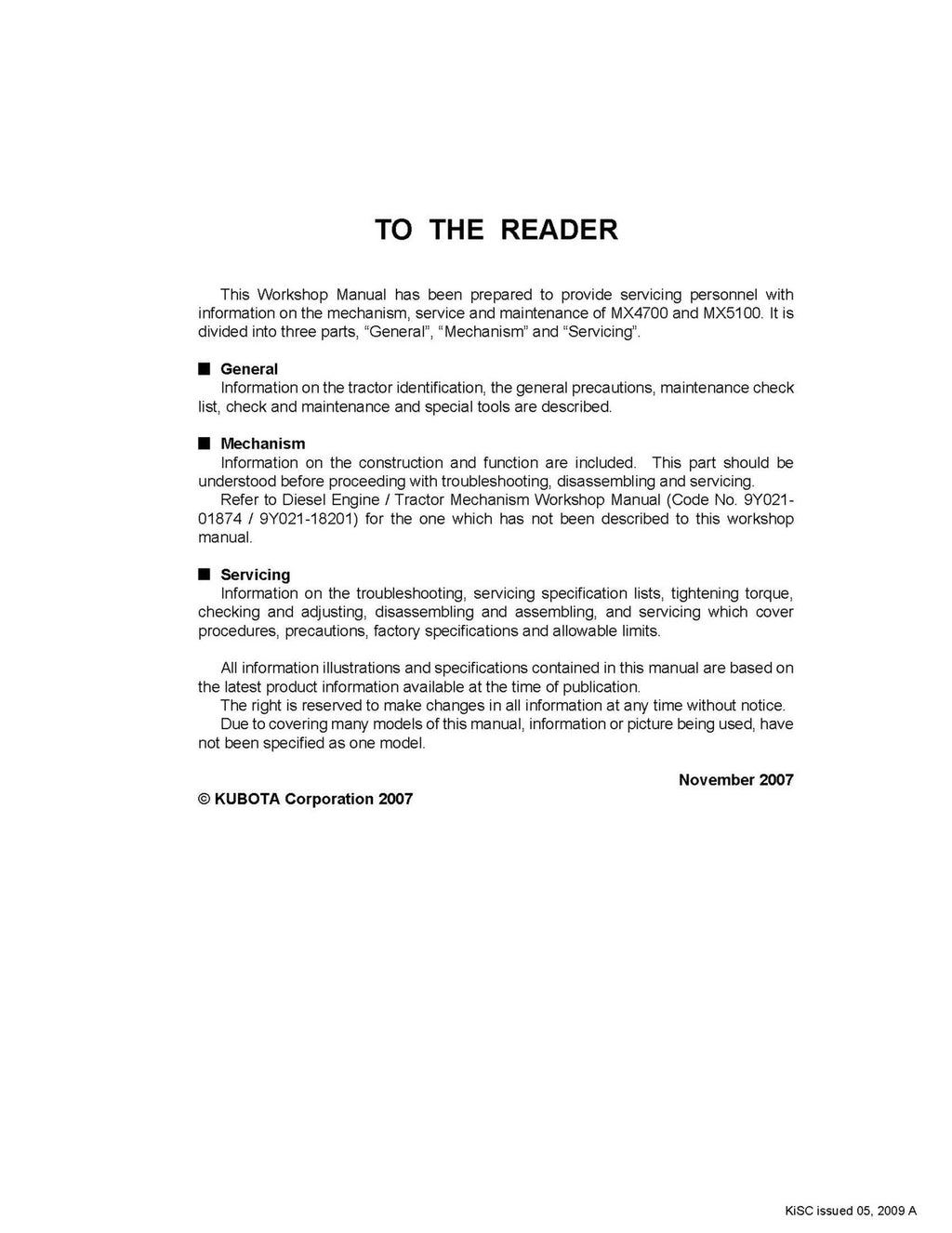 KUBOTA MX4700 MX5100 TRACTOR WORKSHOP MANUAL, WIRE BOUND TOUGH COVERS, FOLDOUTS!