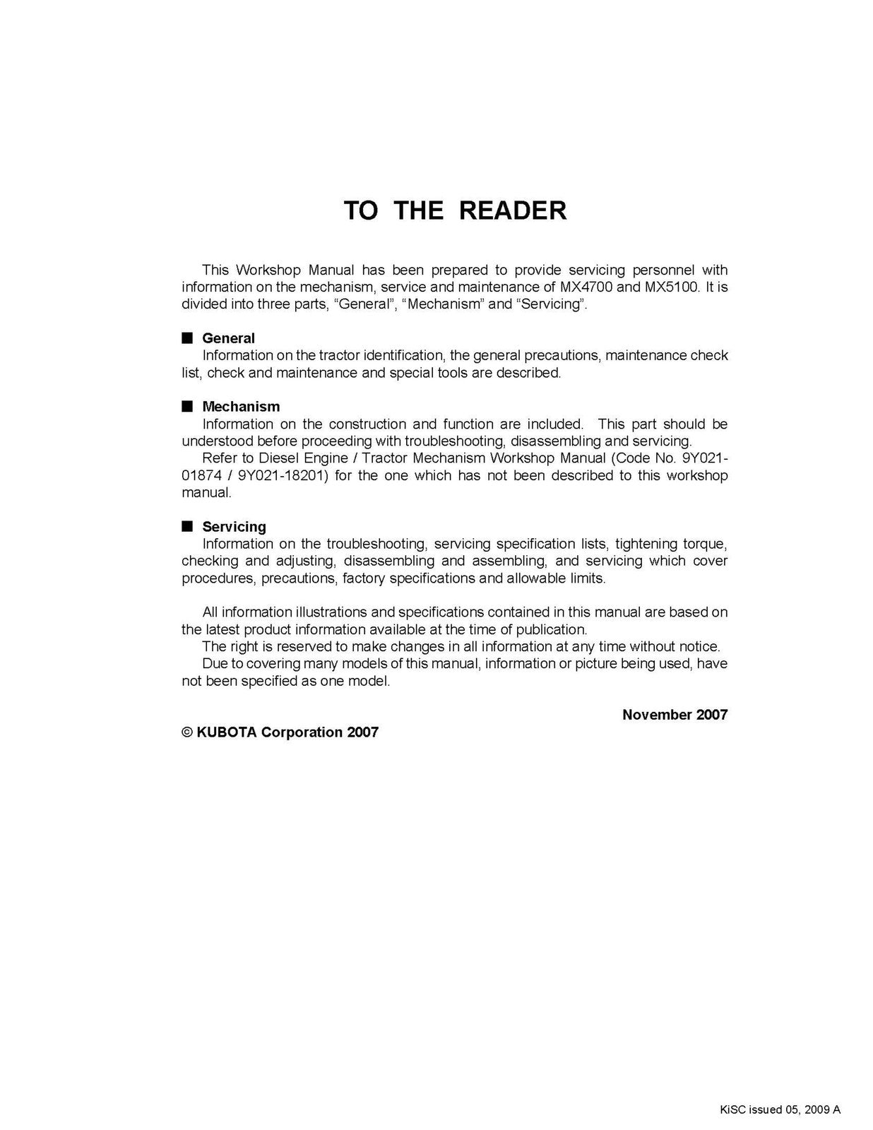 KUBOTA MX4700 MX5100 TRACTOR WORKSHOP MANUAL, WIRE BOUND TOUGH COVERS, FOLDOUTS!