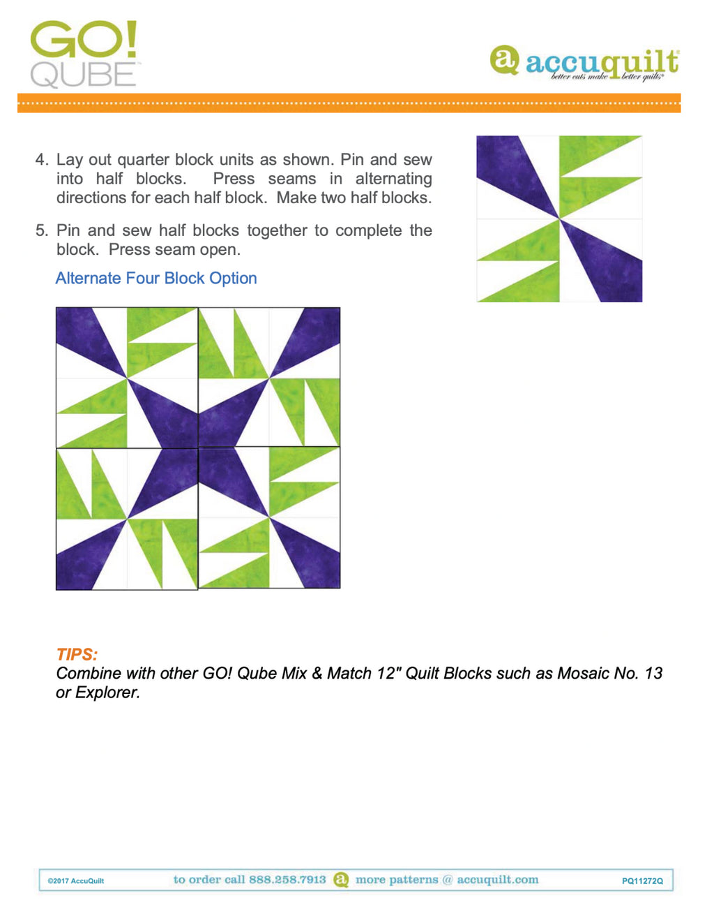 AccuQuilt Go! Qube Manual 12" 3-in-1: BLOCK, CORNERS & ANGLES, 431 PG Wire Bound