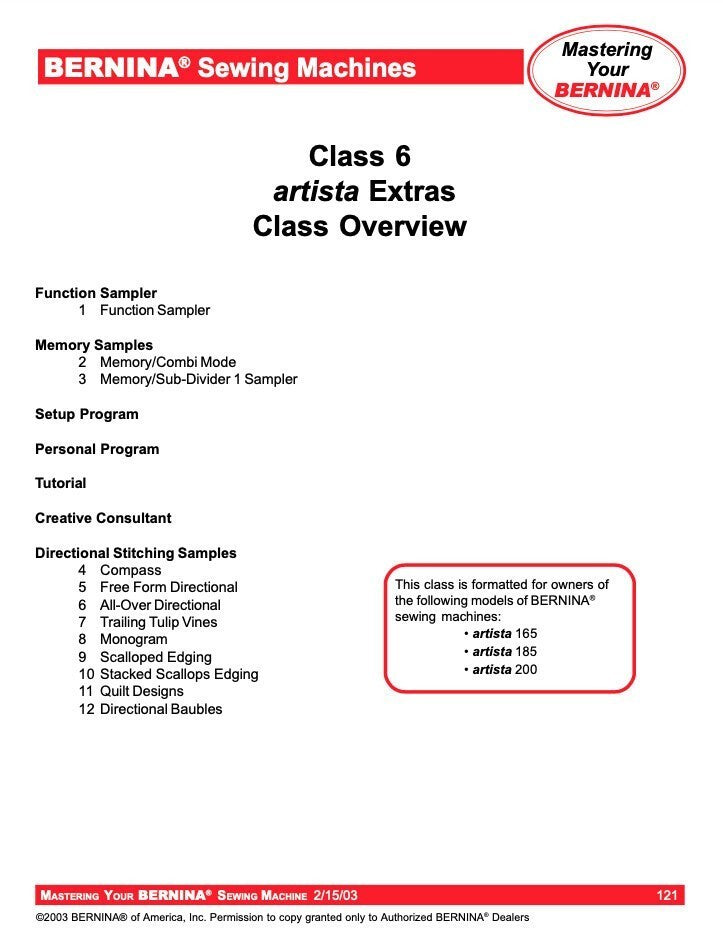 BERNINA Sewing Mastery Workbook Virtuosa Activa Artista 125-145 130-163 165-200