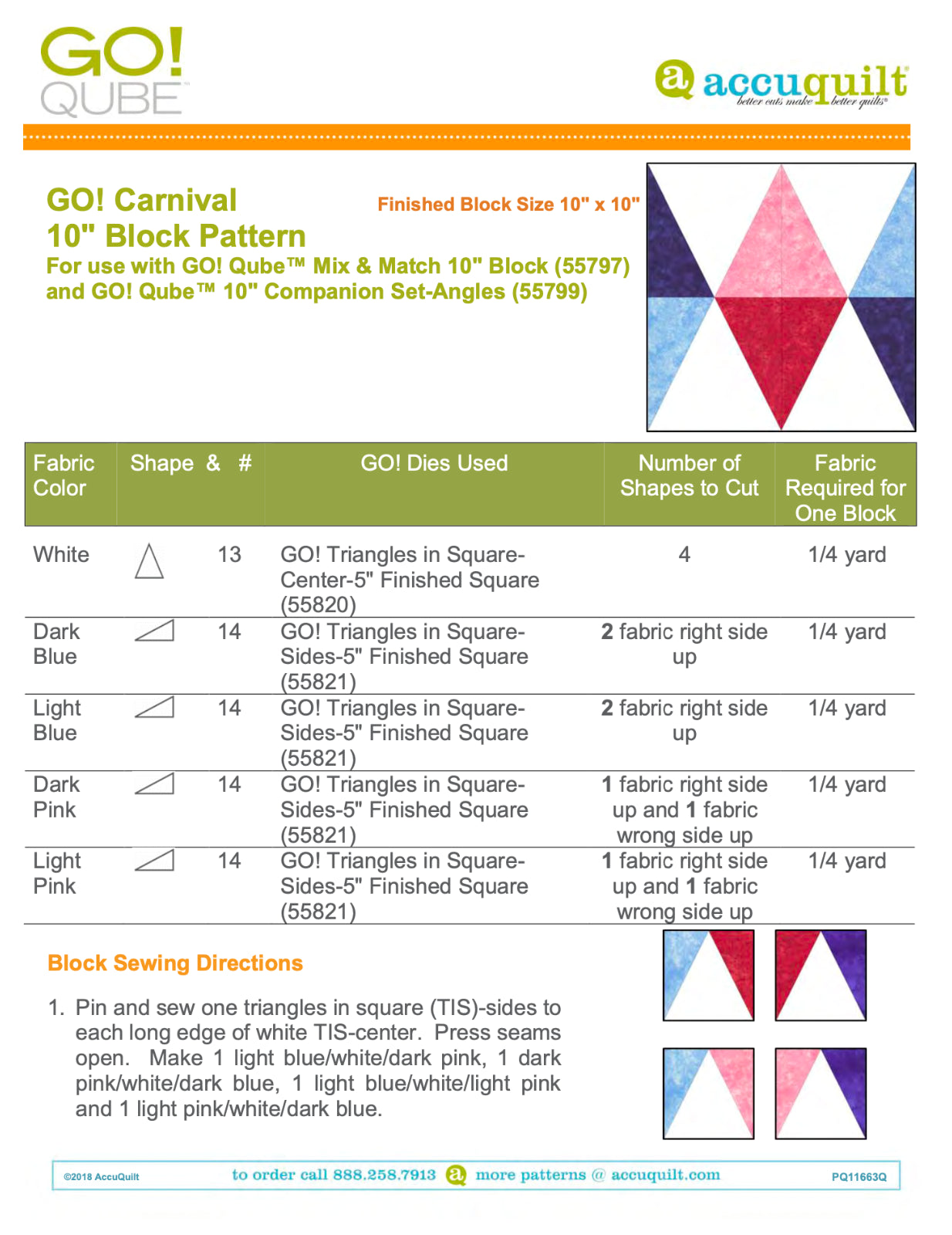 AccuQuilt Go! Qube Manual 10" 3-in-1: BLOCK, CORNERS & ANGLES, 434 PG Wire Bound