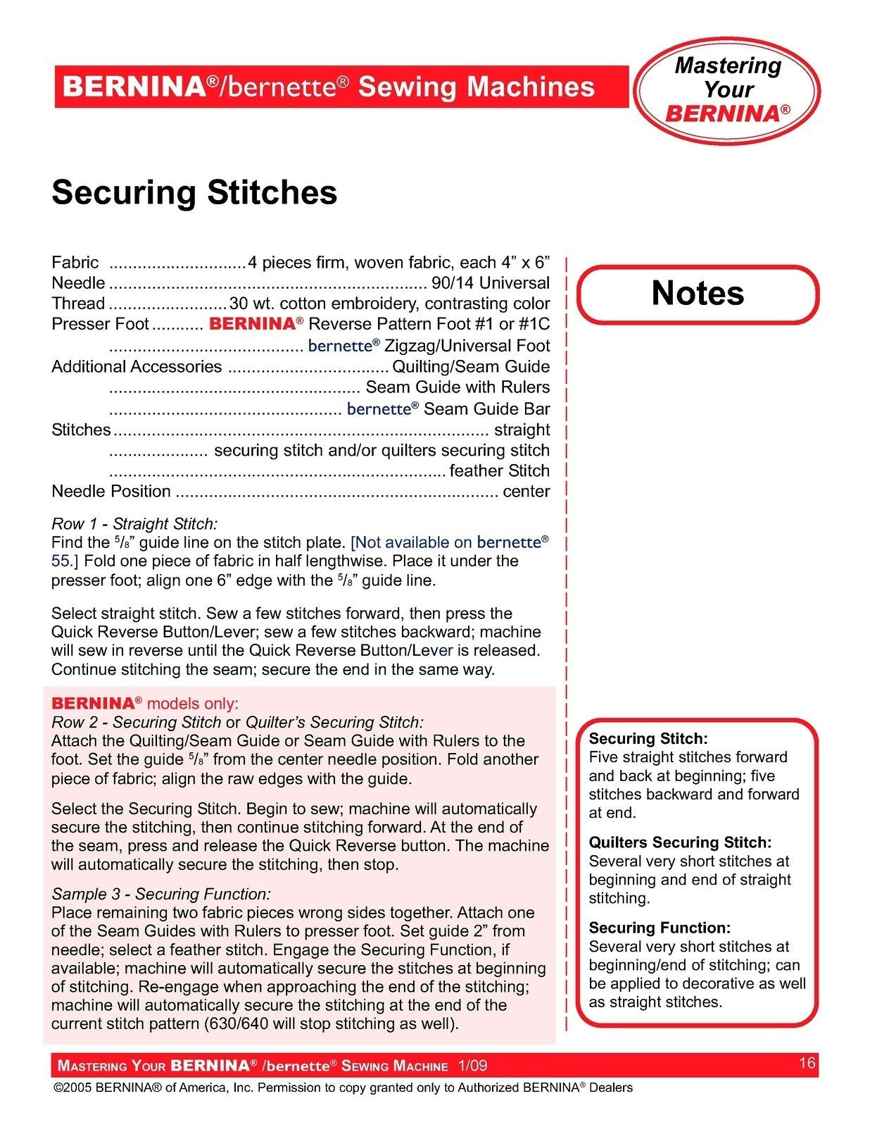 BERNINA Bernette Sewing Maching Mastery Workbook Activa Aurora Artista Series