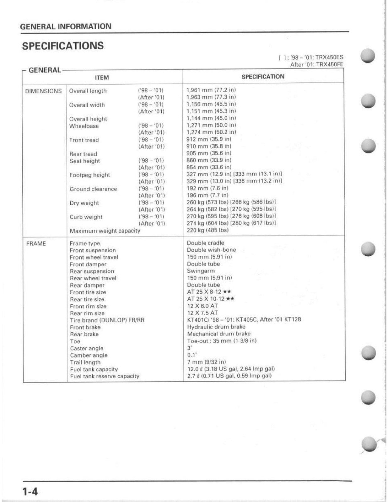 HONDA 1998-2004 TRX450S/FM TRX450ES/FE Foreman 450 Service Manual BOUND FOLDOUTS