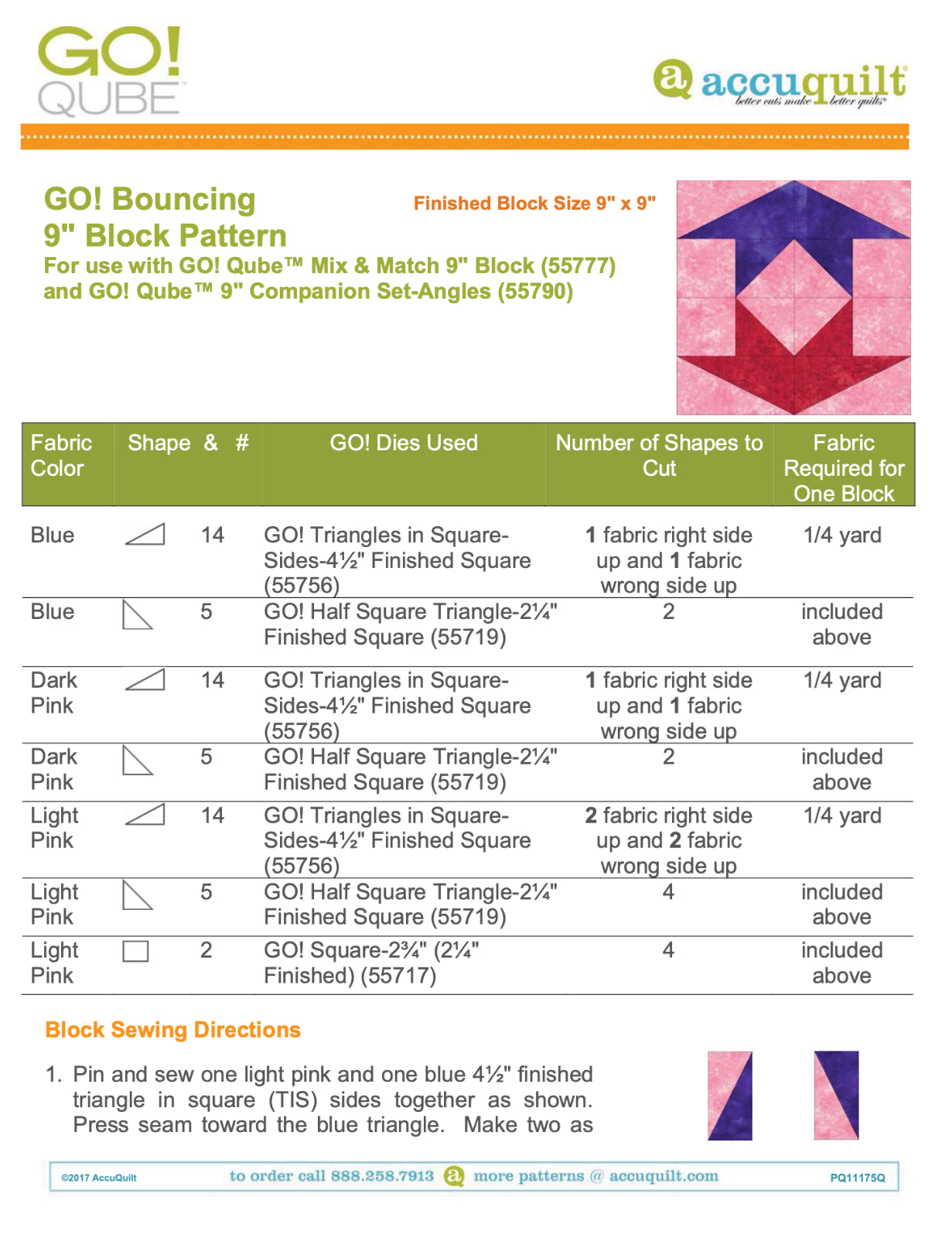 AccuQuilt Go! Qube Manual 9" 3-in-1: BLOCK, CORNERS & ANGLES, 434 PG, Wire Bound
