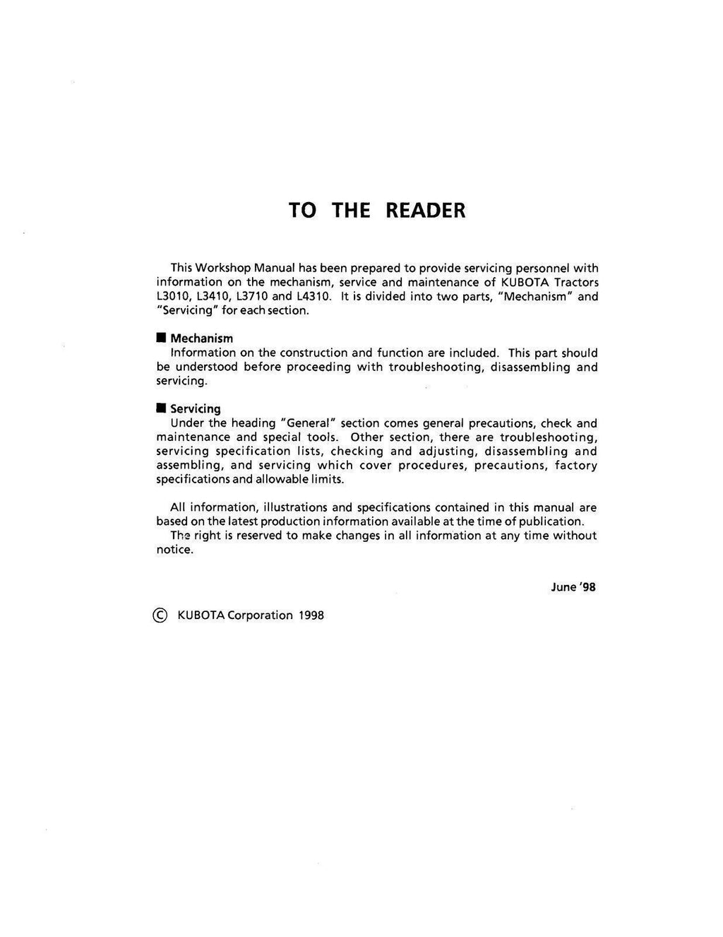 KUBOTA L3010 L3410 L3710 L4310 L4610 WORKSHOP MANUAL+SUPPLEMENT: 684 PGS, 2 VOLS