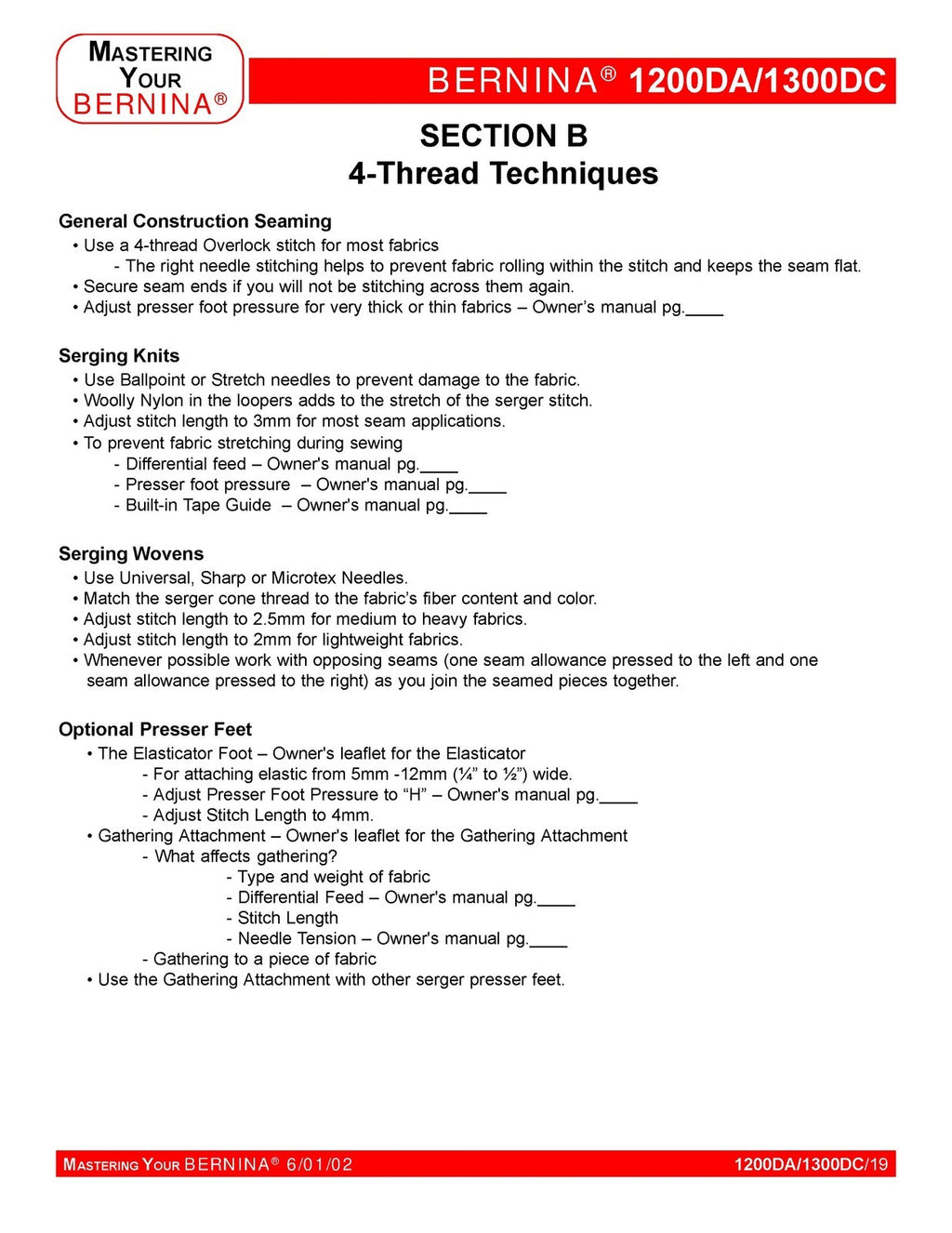 BERNINA 1200DA 1300DC Mastery Owners Workbook -  STEEL WIRE BOUND - TOUGH COVERS
